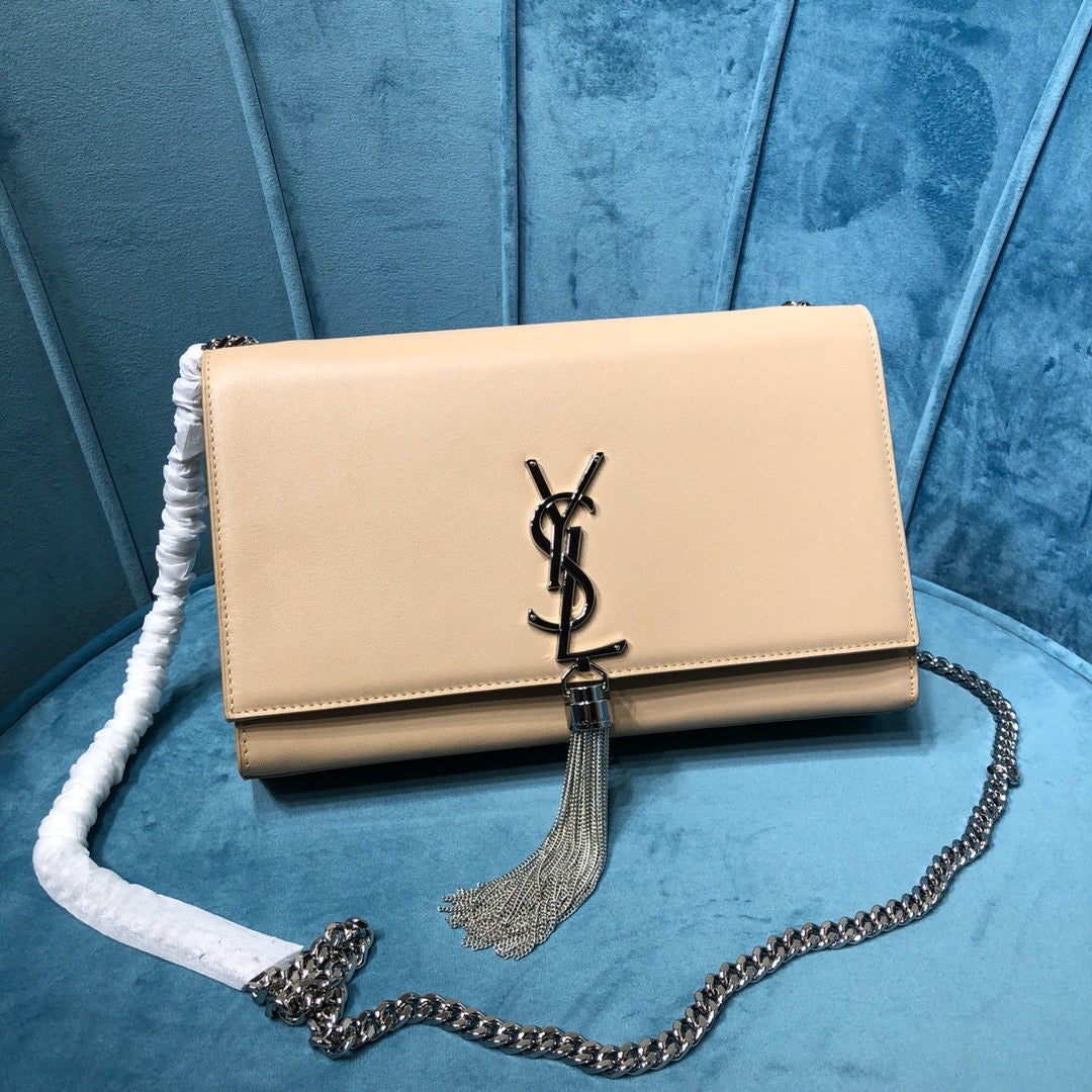 YSSL Kate Medium Chain Bag With Tassel In Grain De Poudre Beige For Women 9in/24cm YSLÂ 
