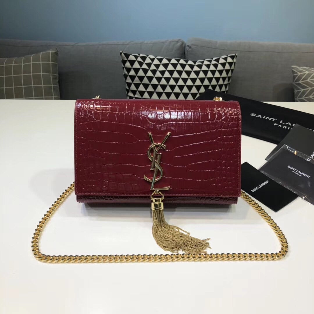 YSSL Kate Small Chain Bag With Tassel In Embossed Burgundy For Women 7.8in/20cm YSLÂ 