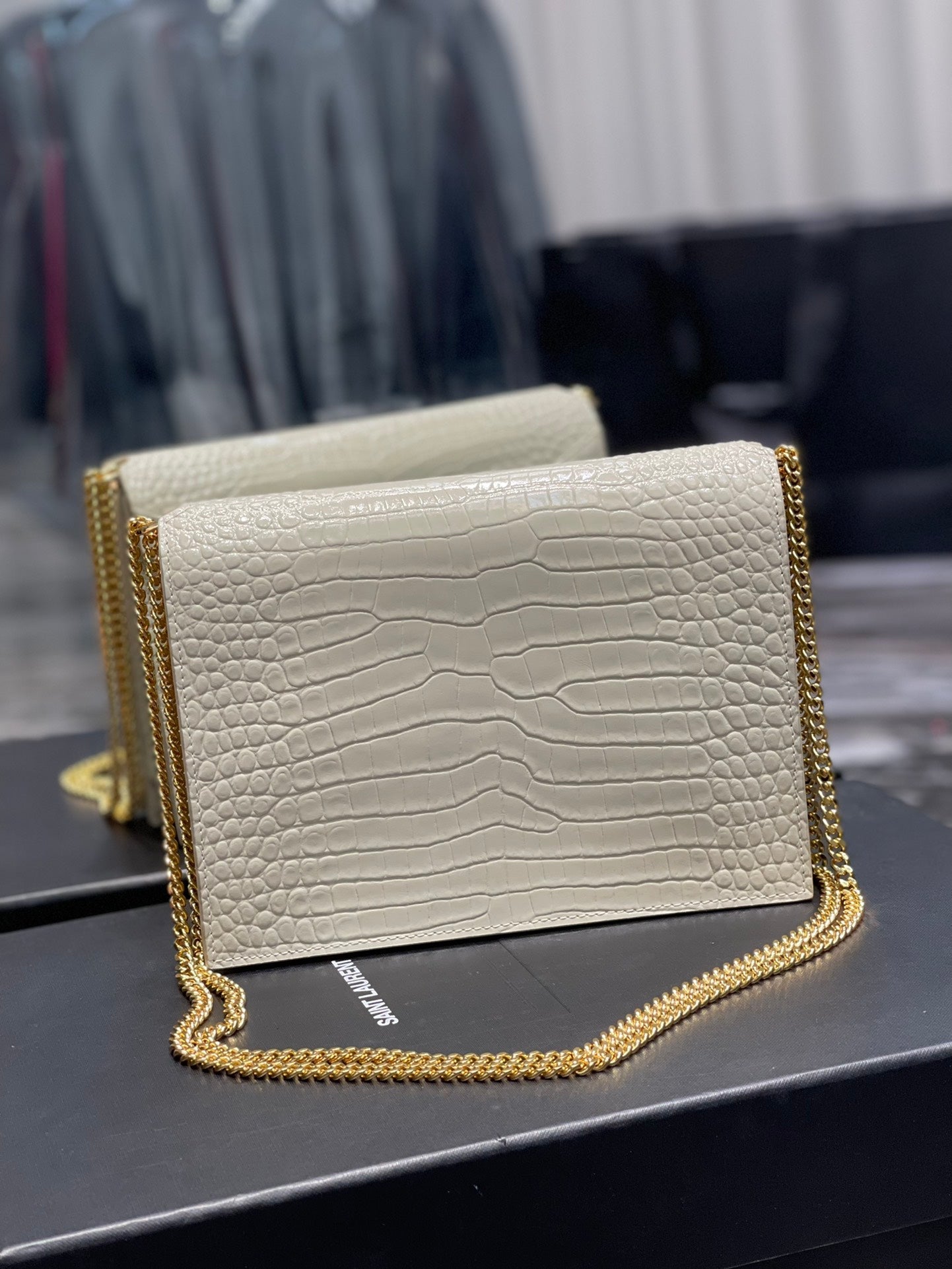 YSSL Cassandra Medium Chain Bag White In Grain De Poudre Embossed For Women 8in/22cm YSL