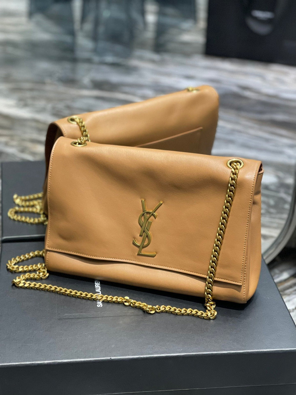 YSSL Kate Medium Reversible Chain Bag Brown In Suede With Gold Hardware For Women 11in/29cm YSL