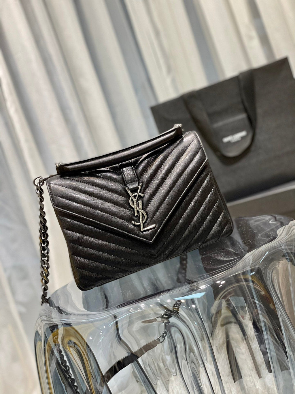 Top Quality College MeTop Qualityum Chain Bag Black Silver Toned Hardware For Women 9.4in/24cm YSL 600279BRM041000