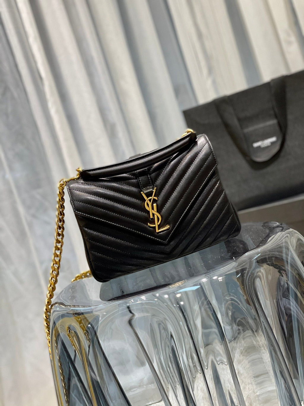 YSSL College Medium Chain Bag Black Gold Toned Hardware For Women 9in/24cm YSL