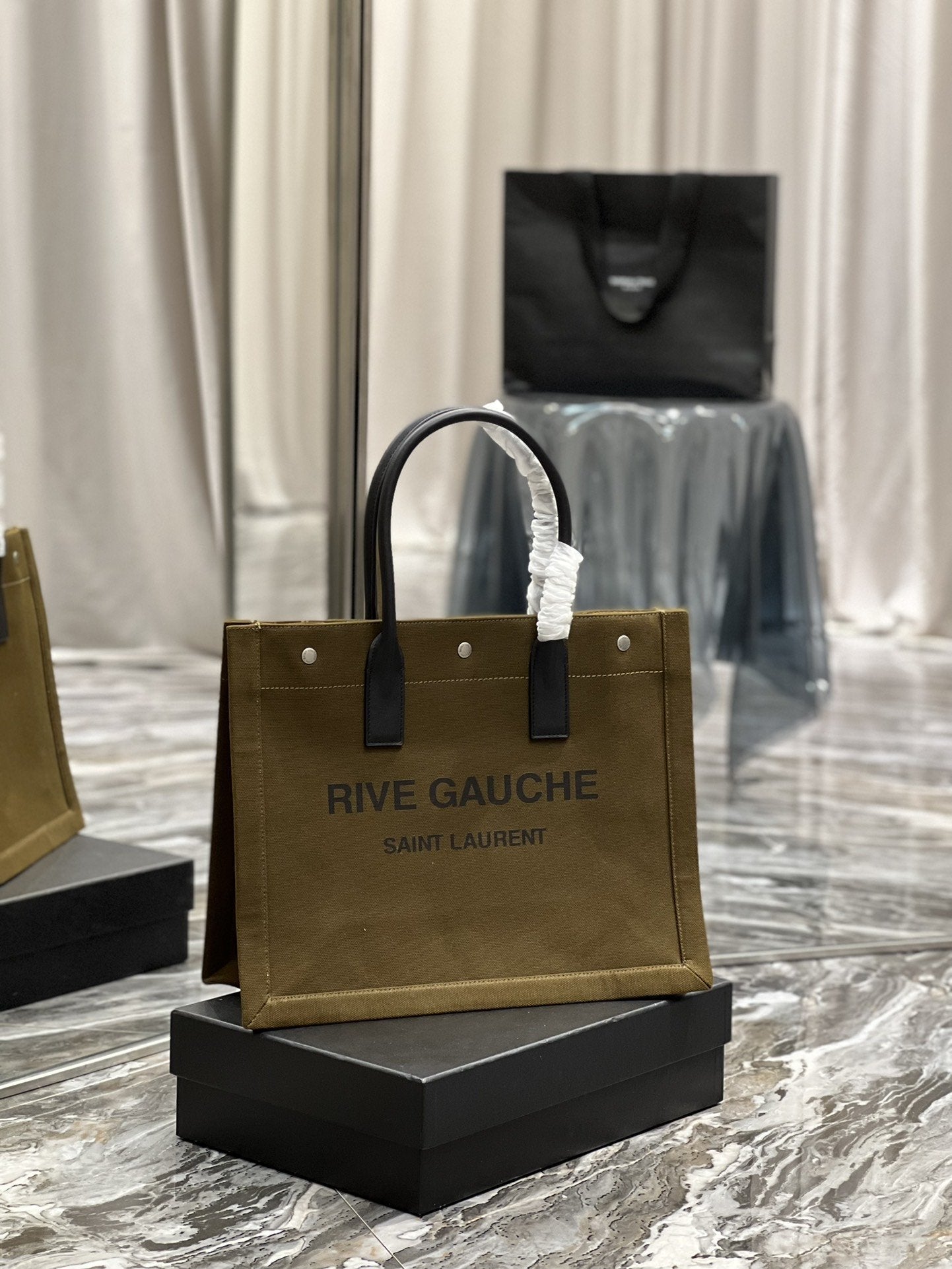 YSSL Rive Gauche Small Tote Bag In Linen Khaki Brown For Women 15in/39cm YSL