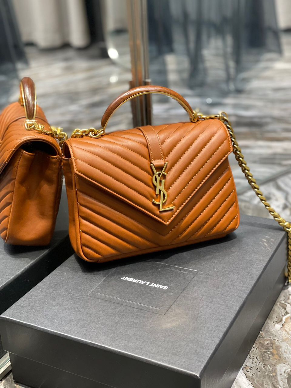 YSSL College Medium Chain Bag Brown Gold Toned Hardware For Women 9in/24cm YSL 600279BRM076309