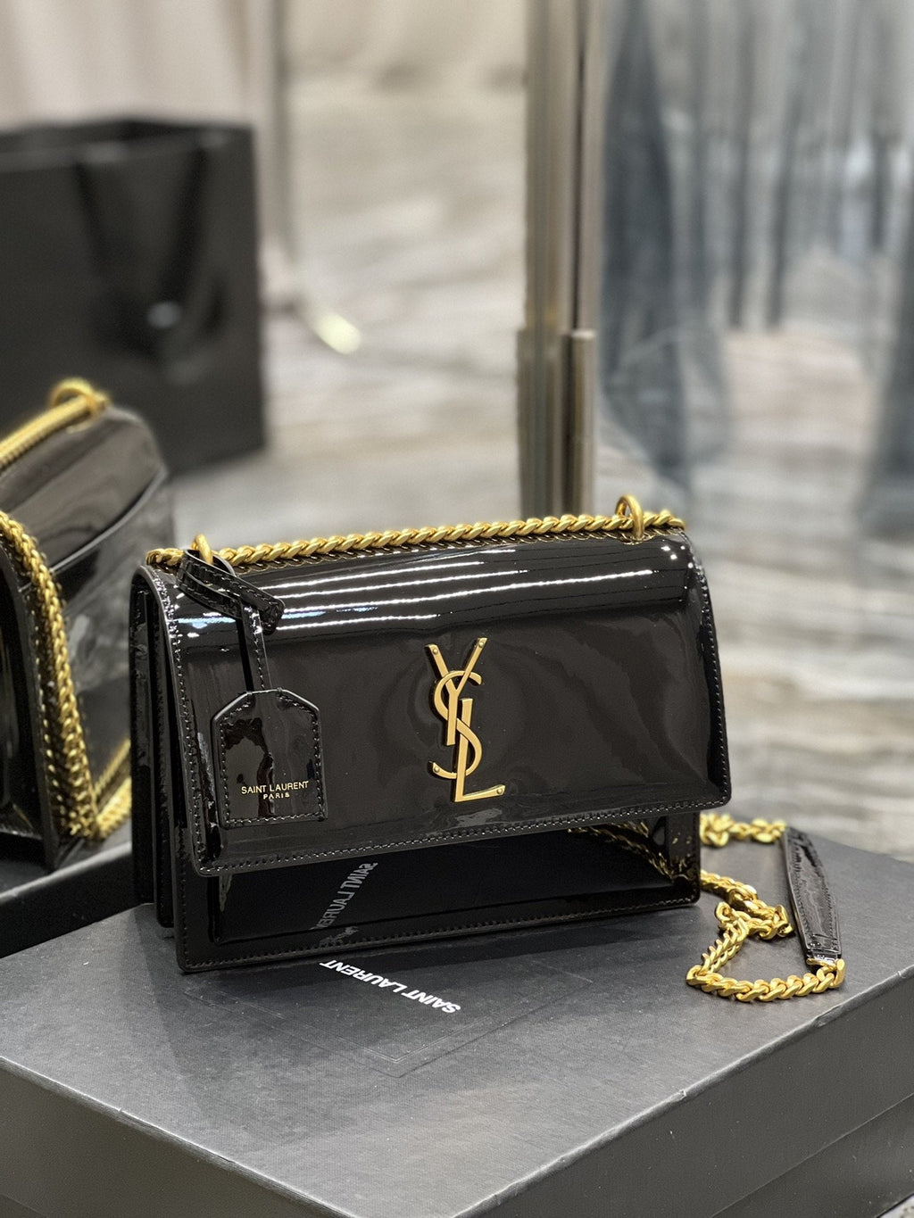 YSSL Sunset Medium Chain Bag For Women 8in/22cm Black YSL