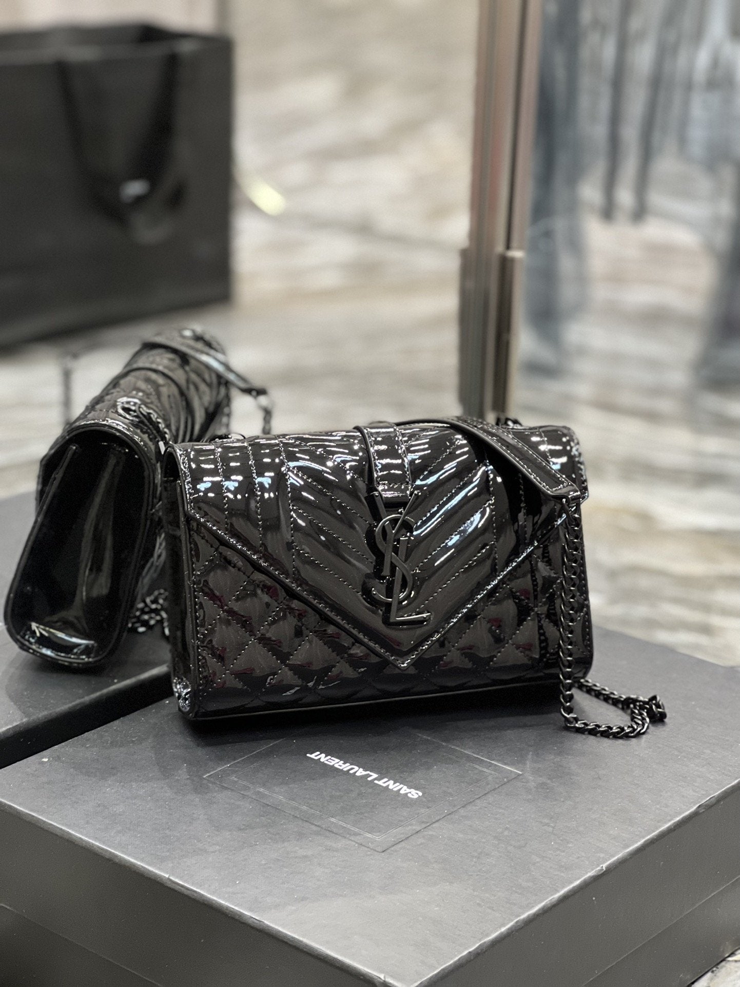 Top Quality Envelope Small Bag Black In Mix MatelassÃ© Grain De Poudre Embossed Material For Women 8.2in/21cm YSL