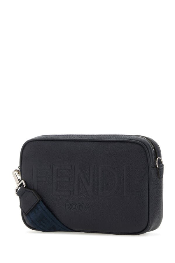 Man Navy Blue Leather Camera Case Crossbody Bag