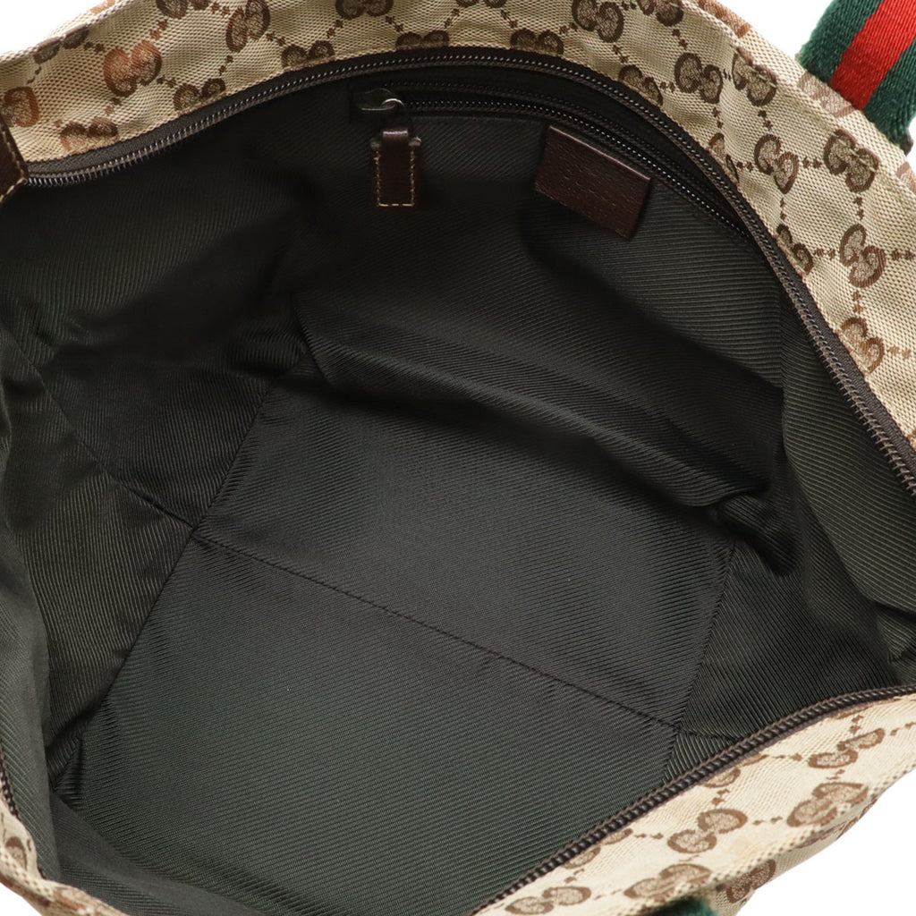 Gucci Sherry Line Beige Dark Brown Green Red Color Nylon Canvas Leather Shoulder Bag Tote Bag (Pre-Owned)