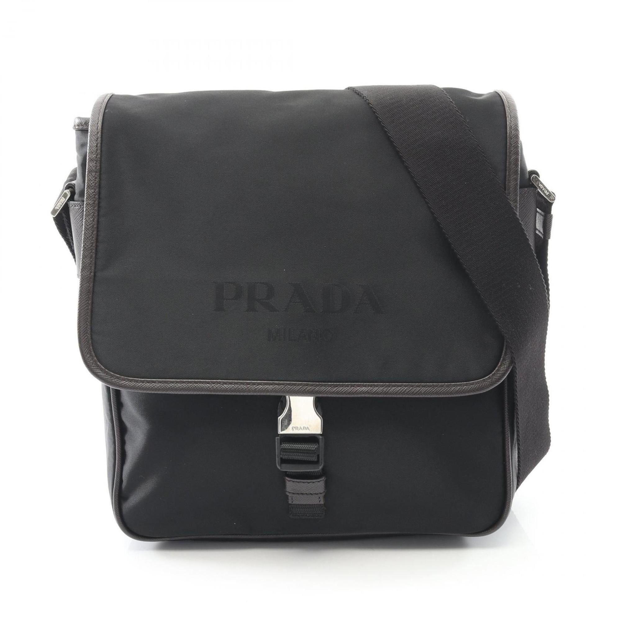 Prada Black Brown Nylon Leather Shoulder Bag