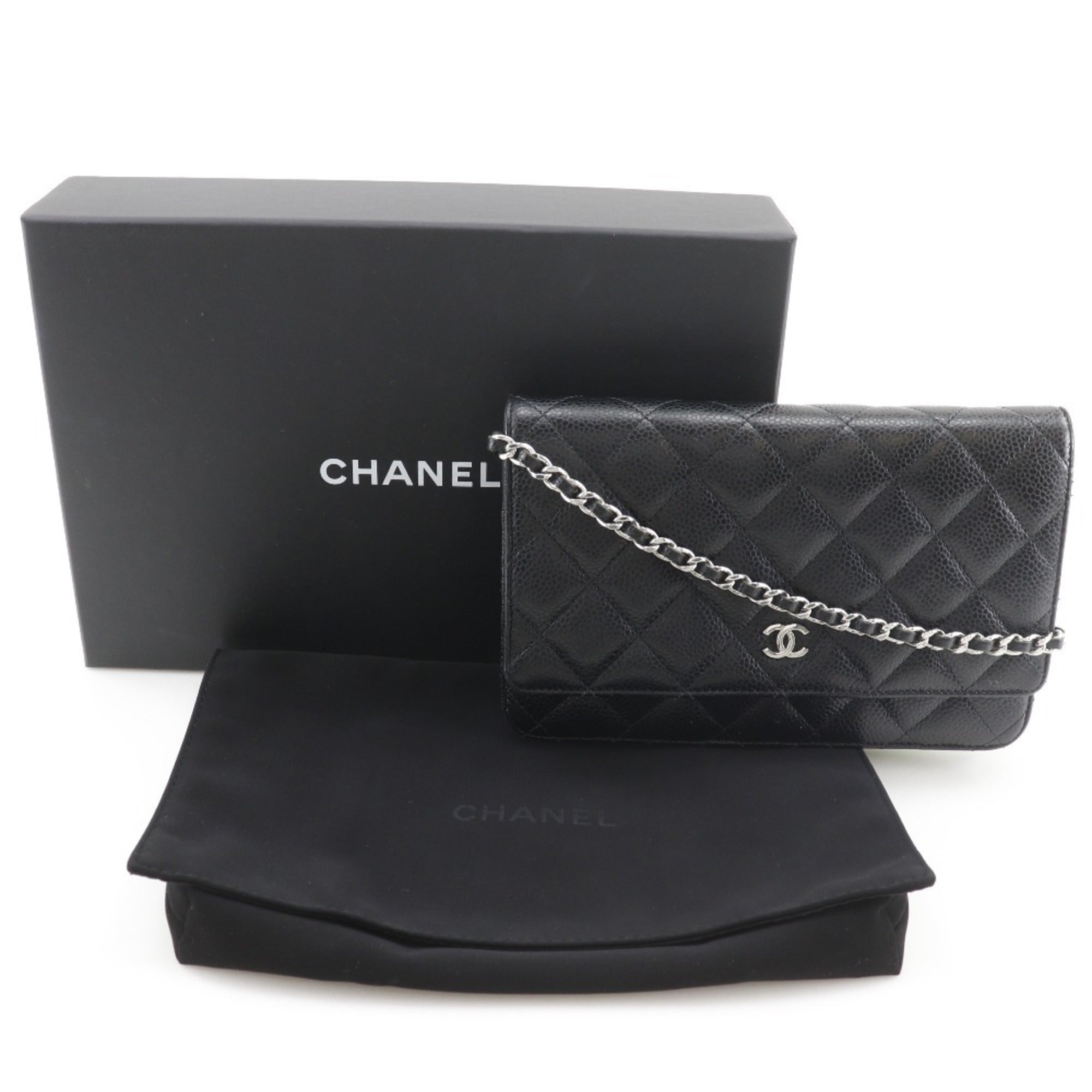 Chanel Black Grained Calfskin Chain/Shoulder Wallet