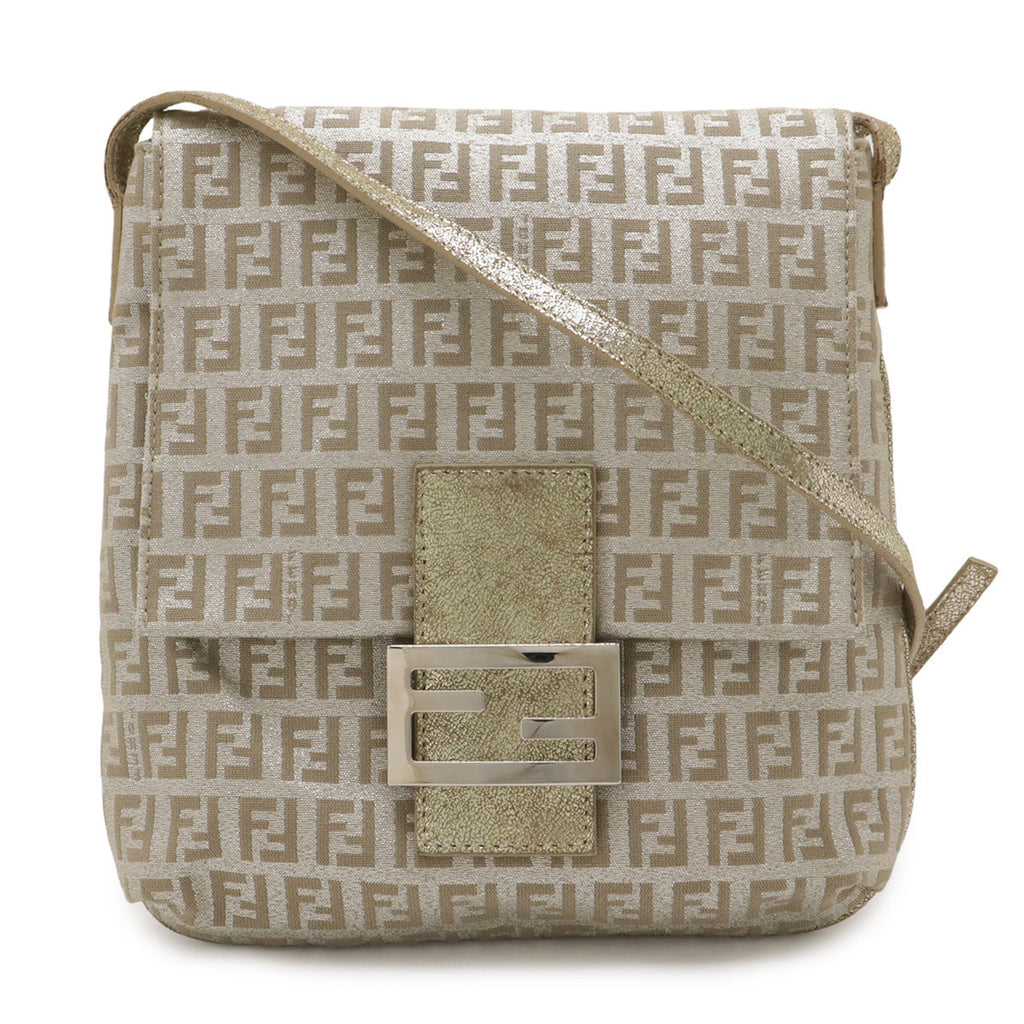 Fendi Zucchino Beige Dark Brown Khaki Canvas Leather Shoulder Bag