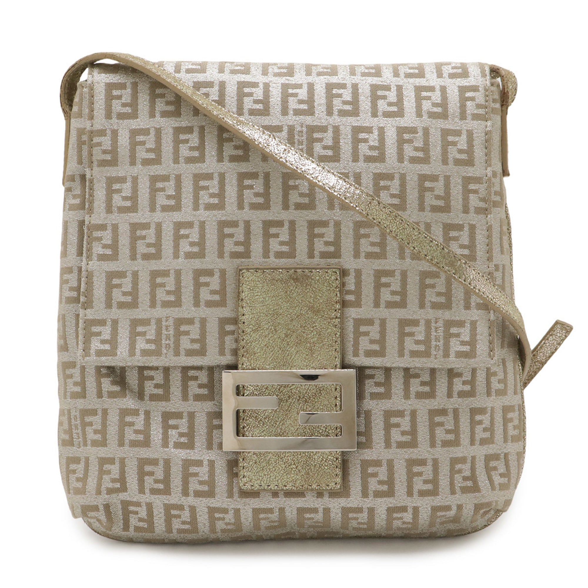 Fendi Zucchino Beige Dark Brown Khaki Canvas Leather Shoulder Bag