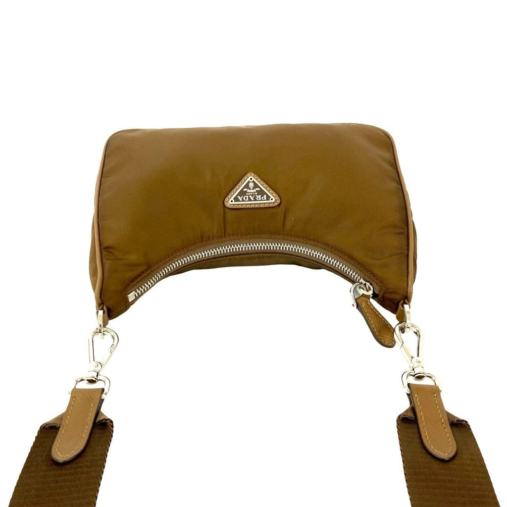 Prada Brown Nylon Leather Pochette Pouch Shoulder Bag