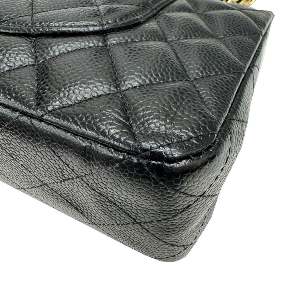 Chanel Gold Black Grained Calfskin Leather Chain/Shoulder Wallet