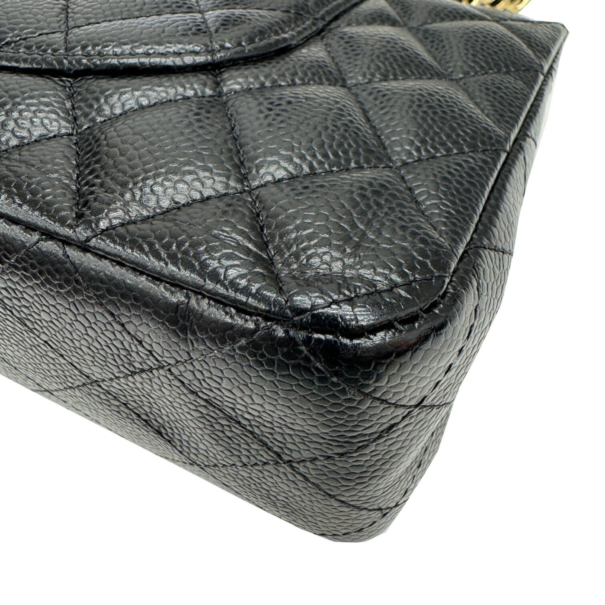 Chanel Gold Black Grained Calfskin Leather Chain/Shoulder Wallet