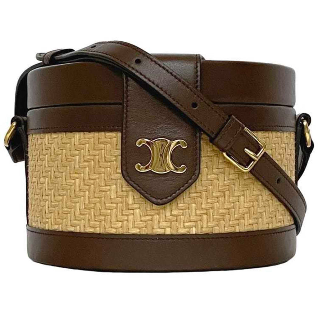 Celine Beige Brown Straw Leather Shoulder Bag