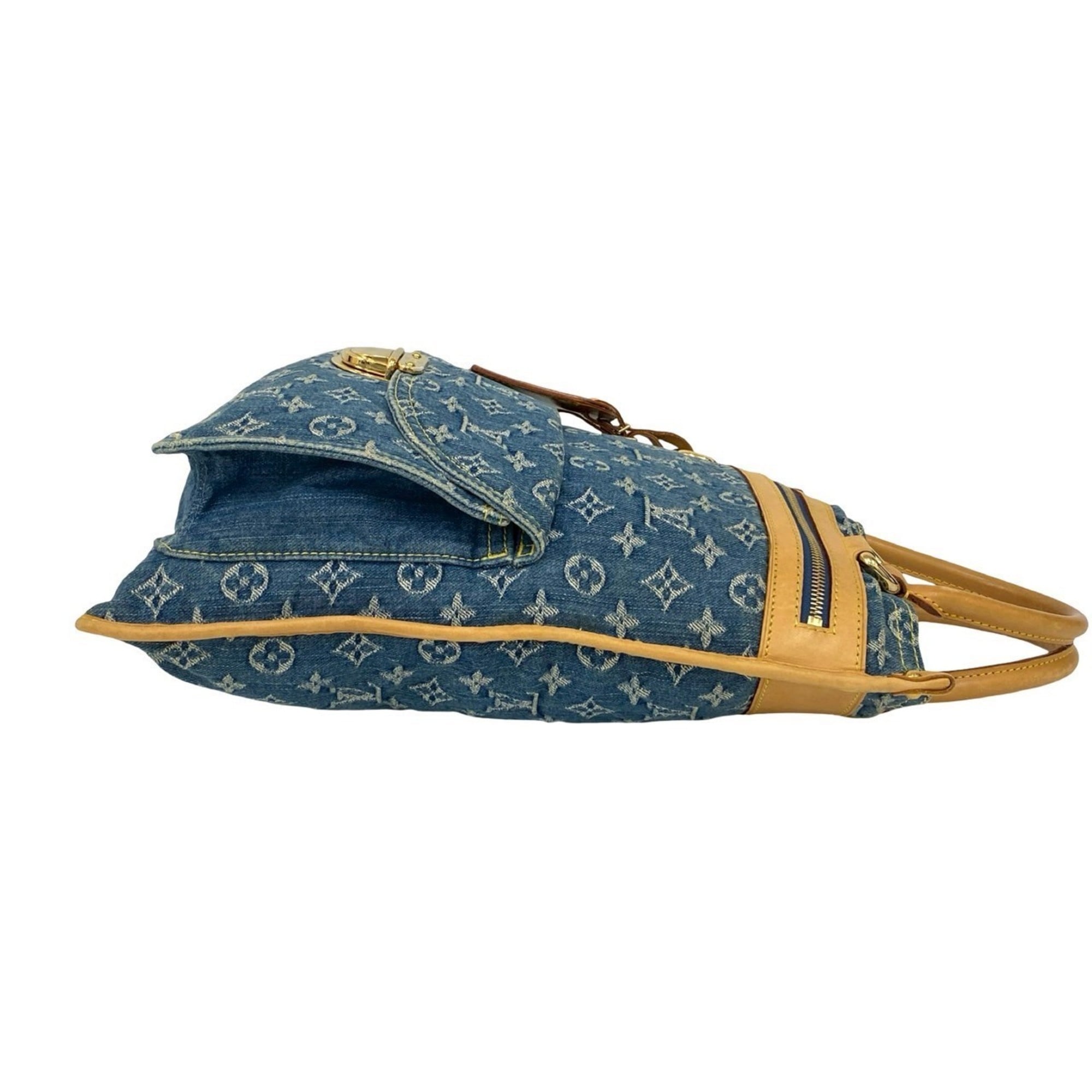 Louis Vuitton Beige Blue Denim Leather Handbag Tote Bag