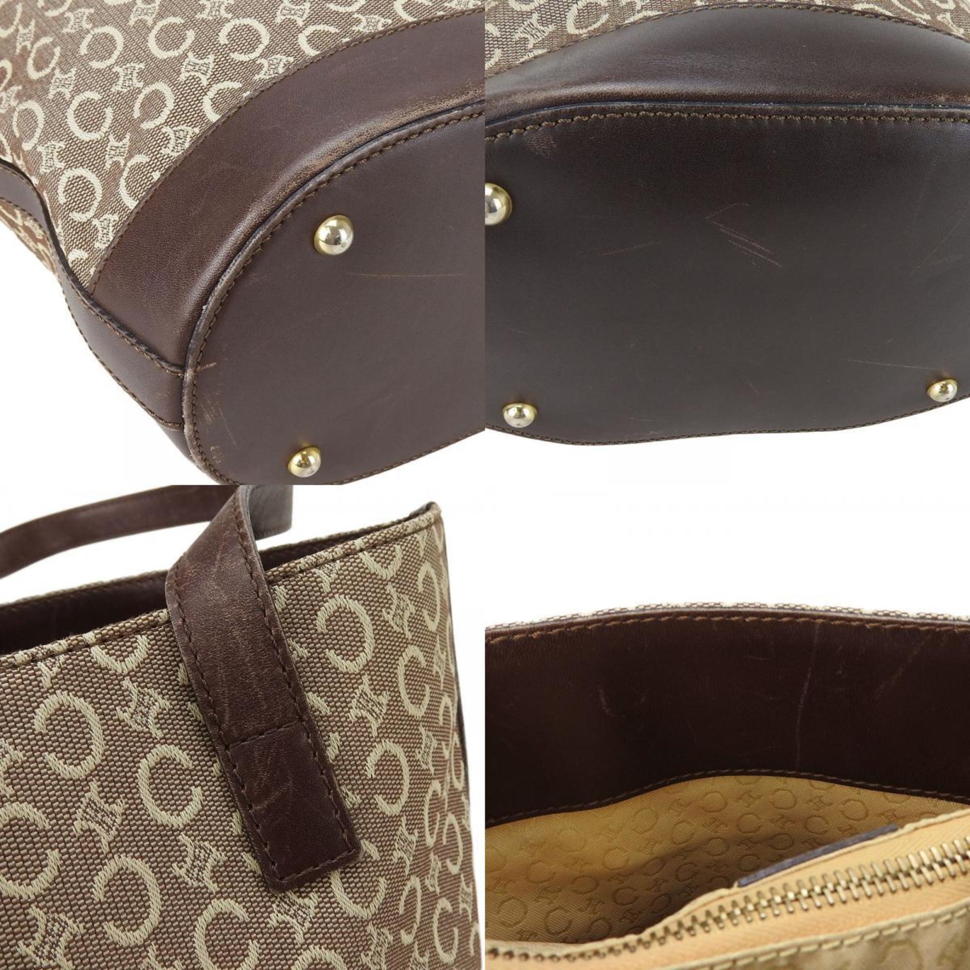 Celine Beige Dark Brown Canvas Leather Tote Bag