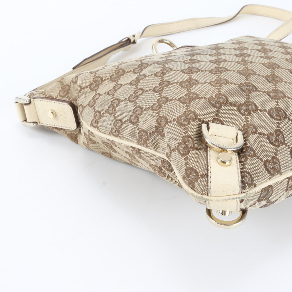 Gucci Beige White Leather Canvas Handbag Shoulder Bag Tote Bag (Pre-Owned)