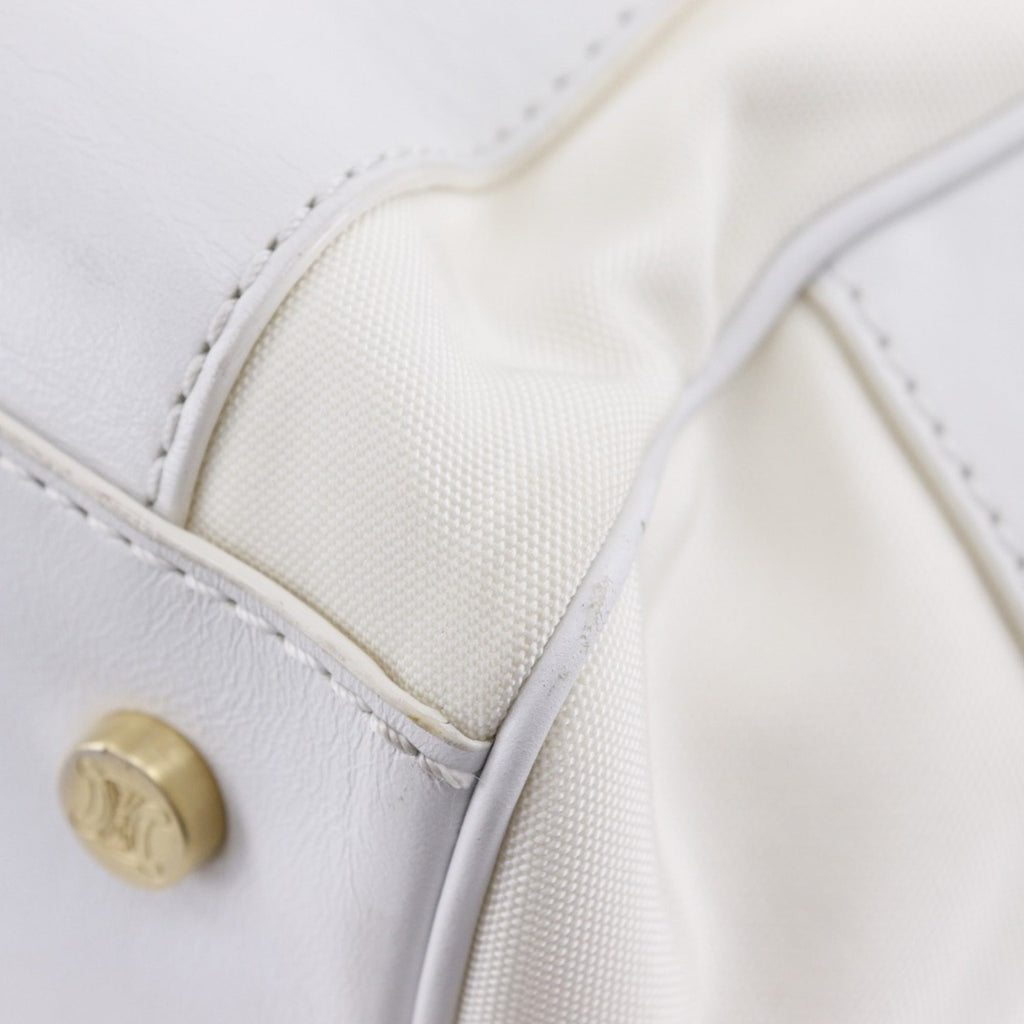 Celine White Nylon Canvas Leather Boston Bag Handbag