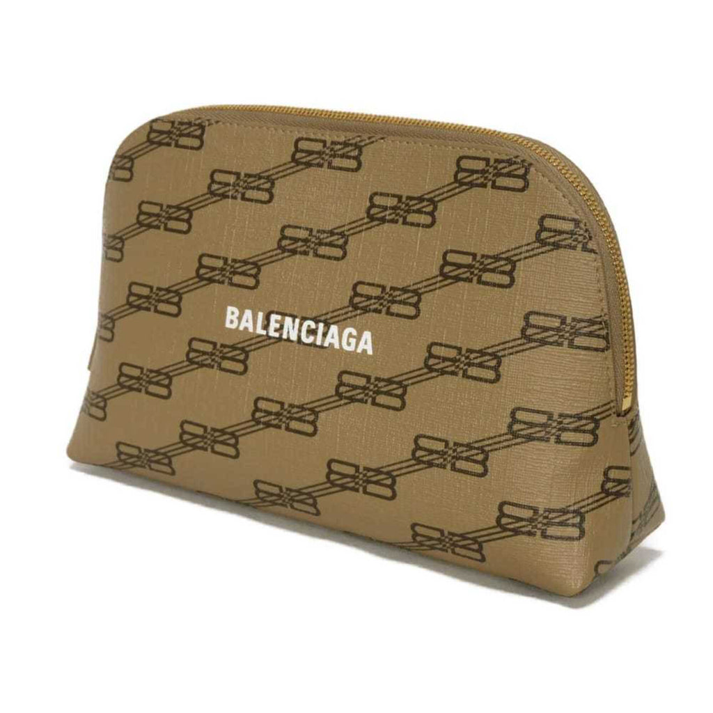 Balenciaga Beige Brown Coated Canvas Leather Clutch Bag Pouch