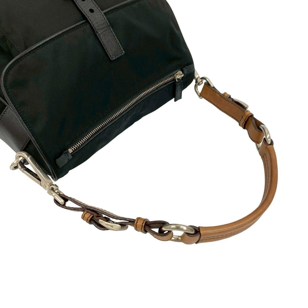 Prada Black Brown Leather Nylon Handbag Shoulder Bag
