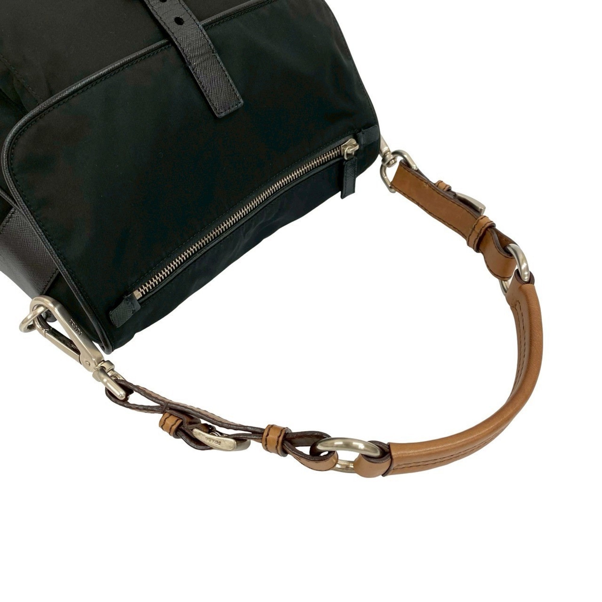 Prada Black Brown Leather Nylon Handbag Shoulder Bag