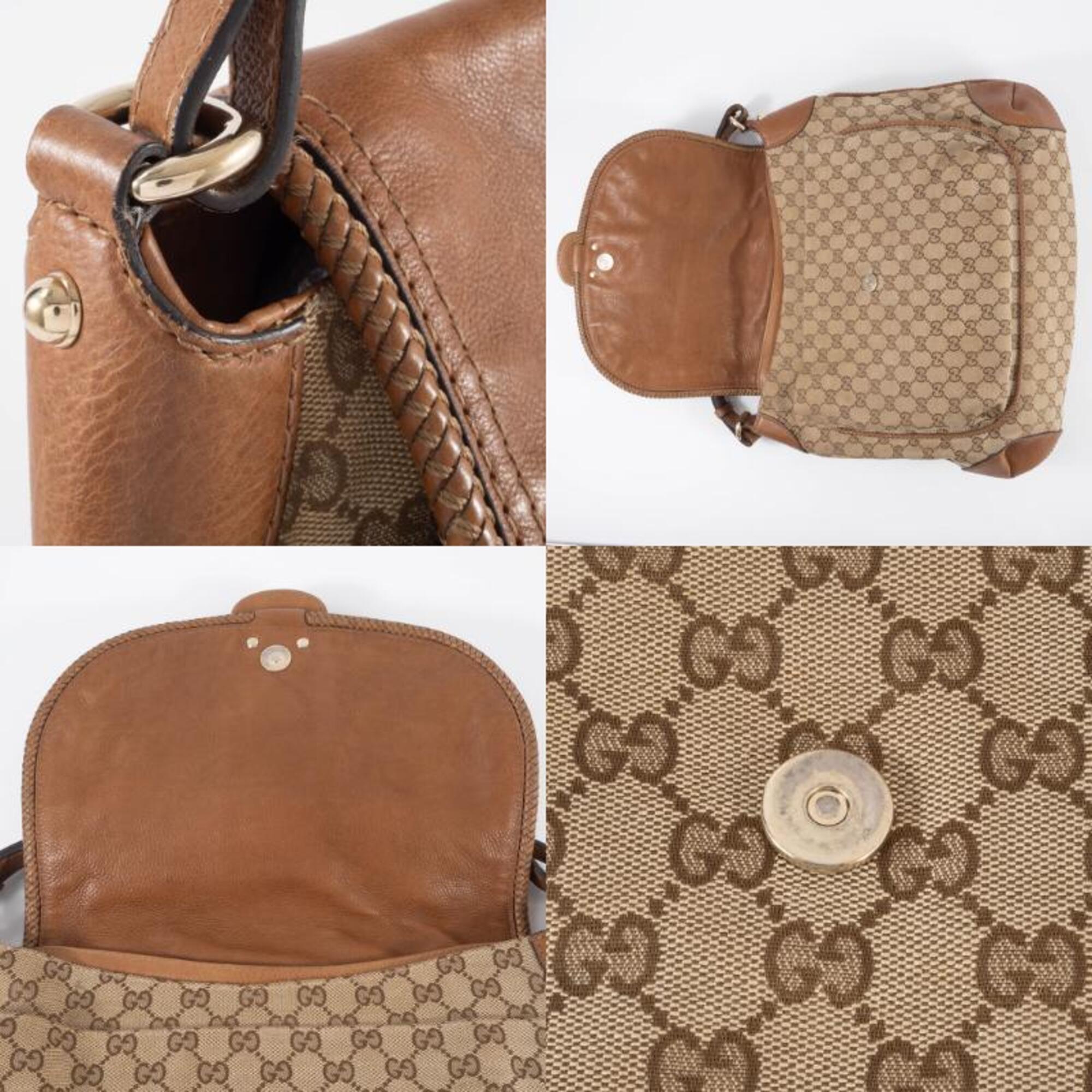 Gucci Gg Canvas Beige Brown Gg Canvas Leather Shoulder Bag (Pre-Owned)