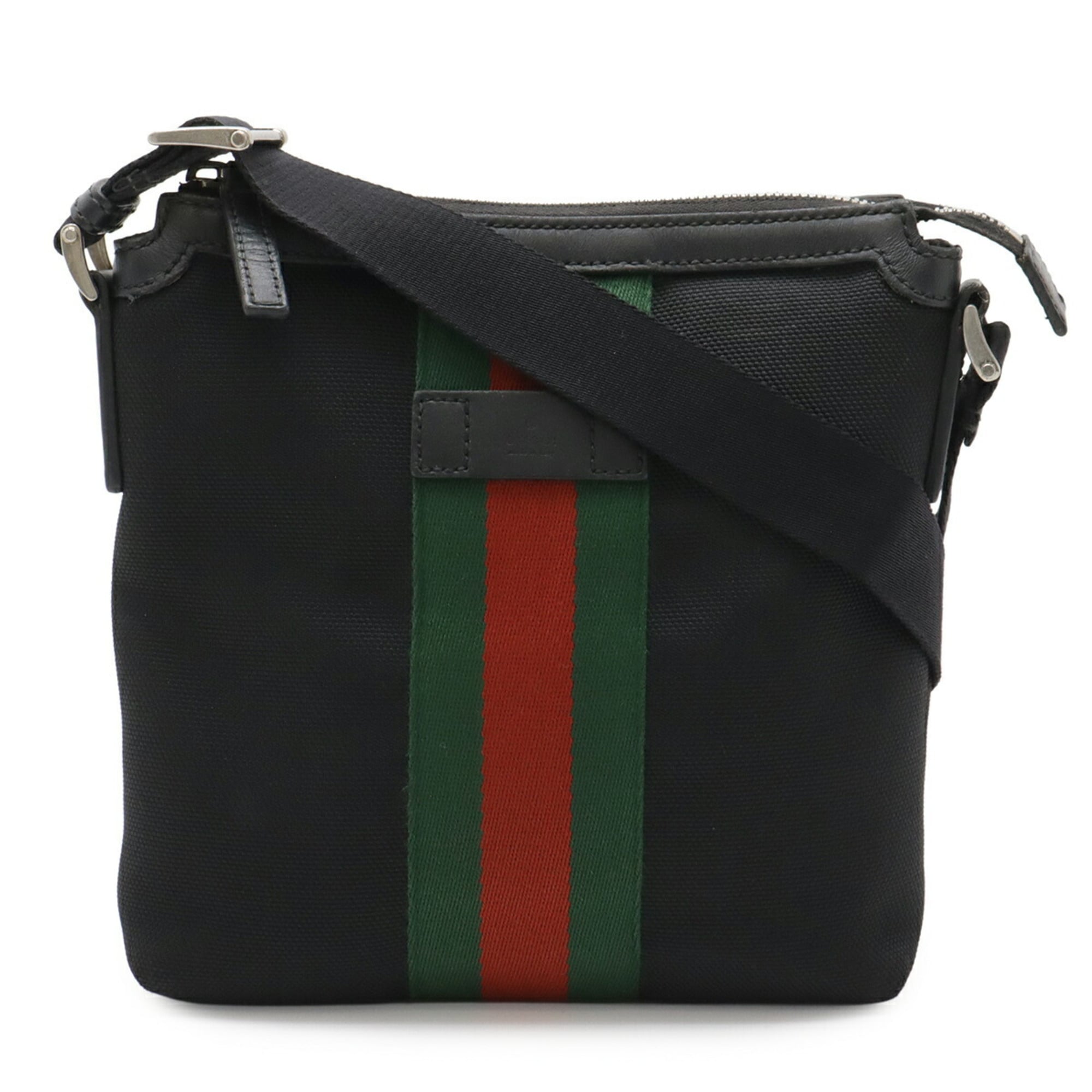 Gucci Black Green Red Color Nylon Canvas Leather Shoulder Bag (Pre-Owned)