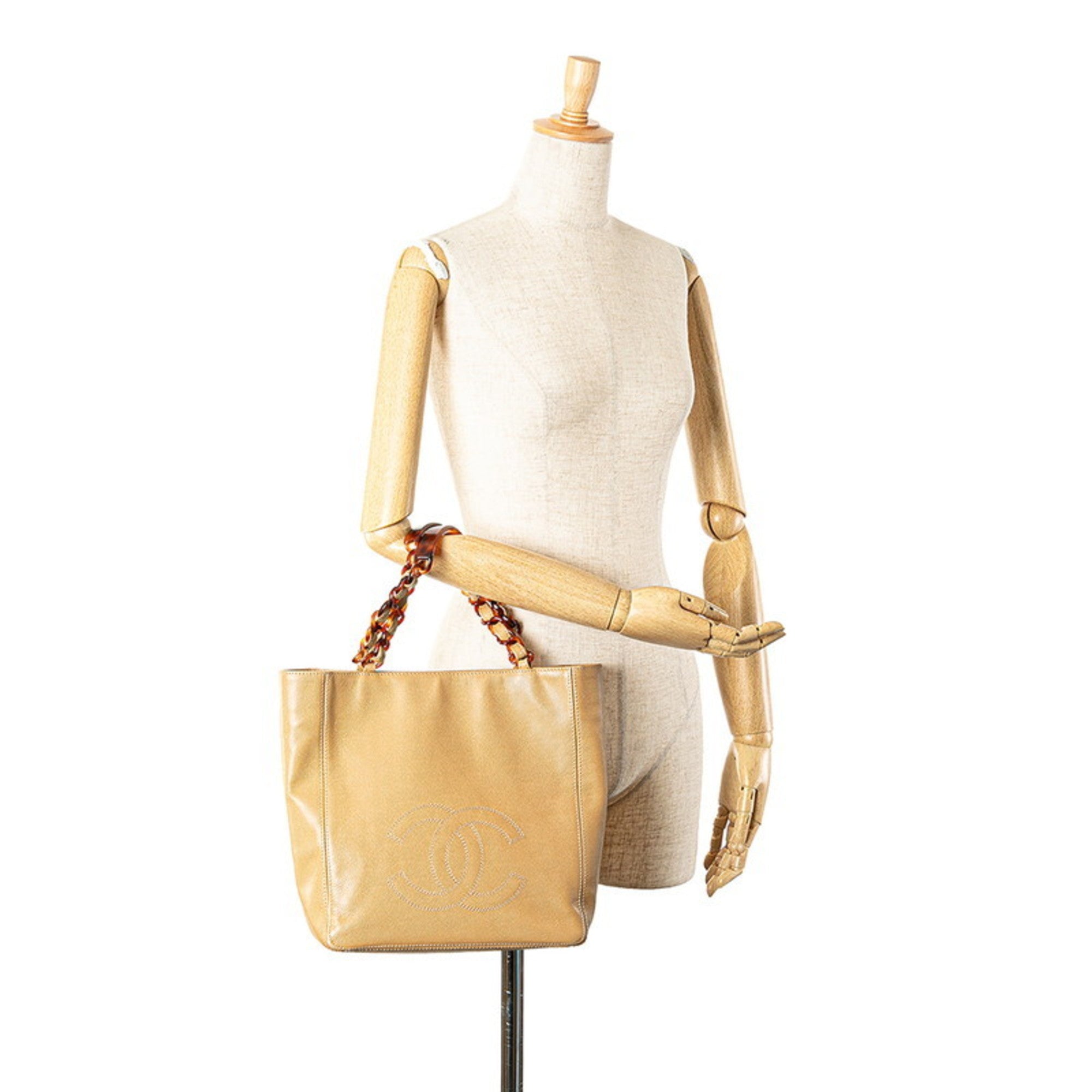 Chanel Beige Grained Calfskin Plastic Shoulder Bag Tote Bag