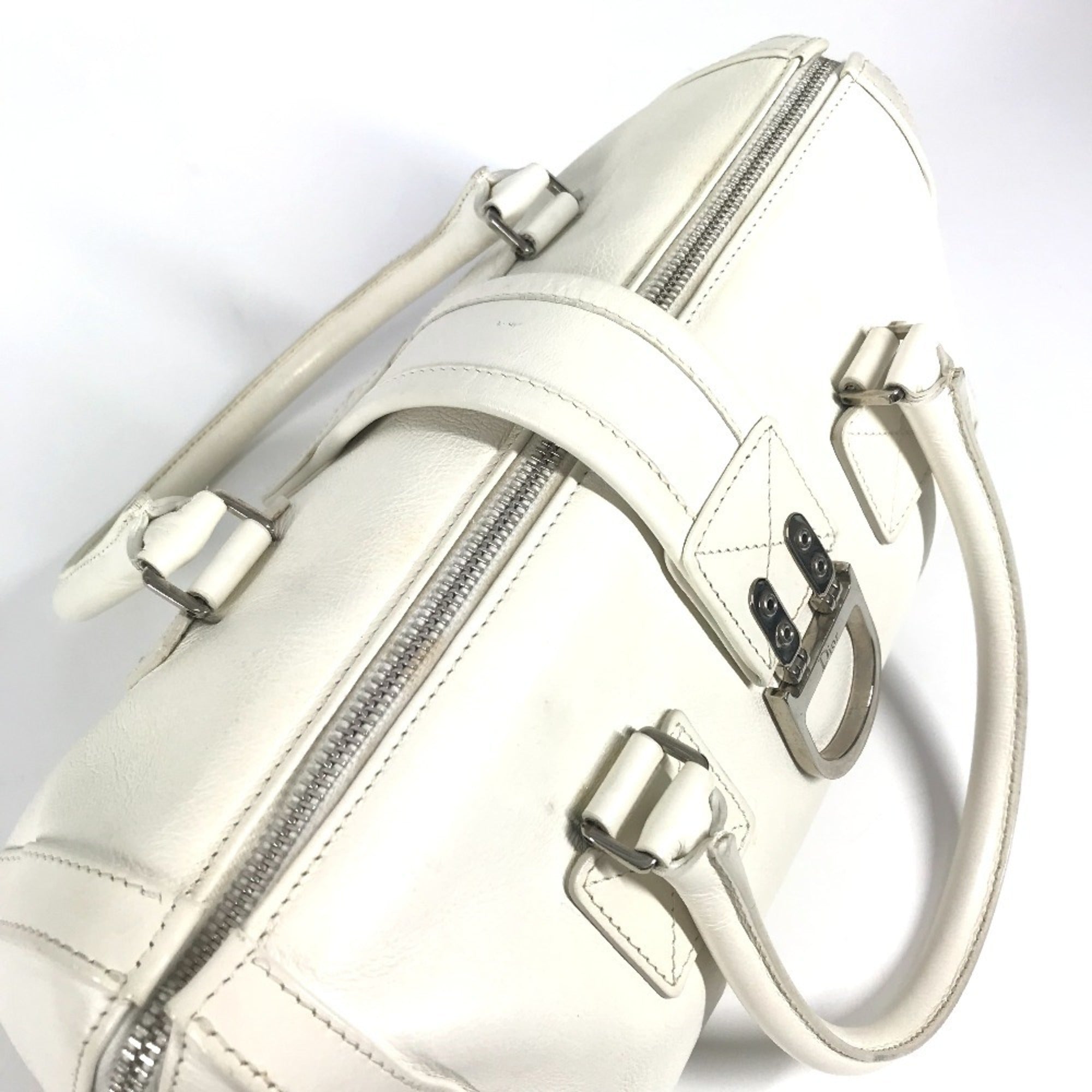 Christian Dior White Leather Boston Bag Handbag (Pre-Owned)