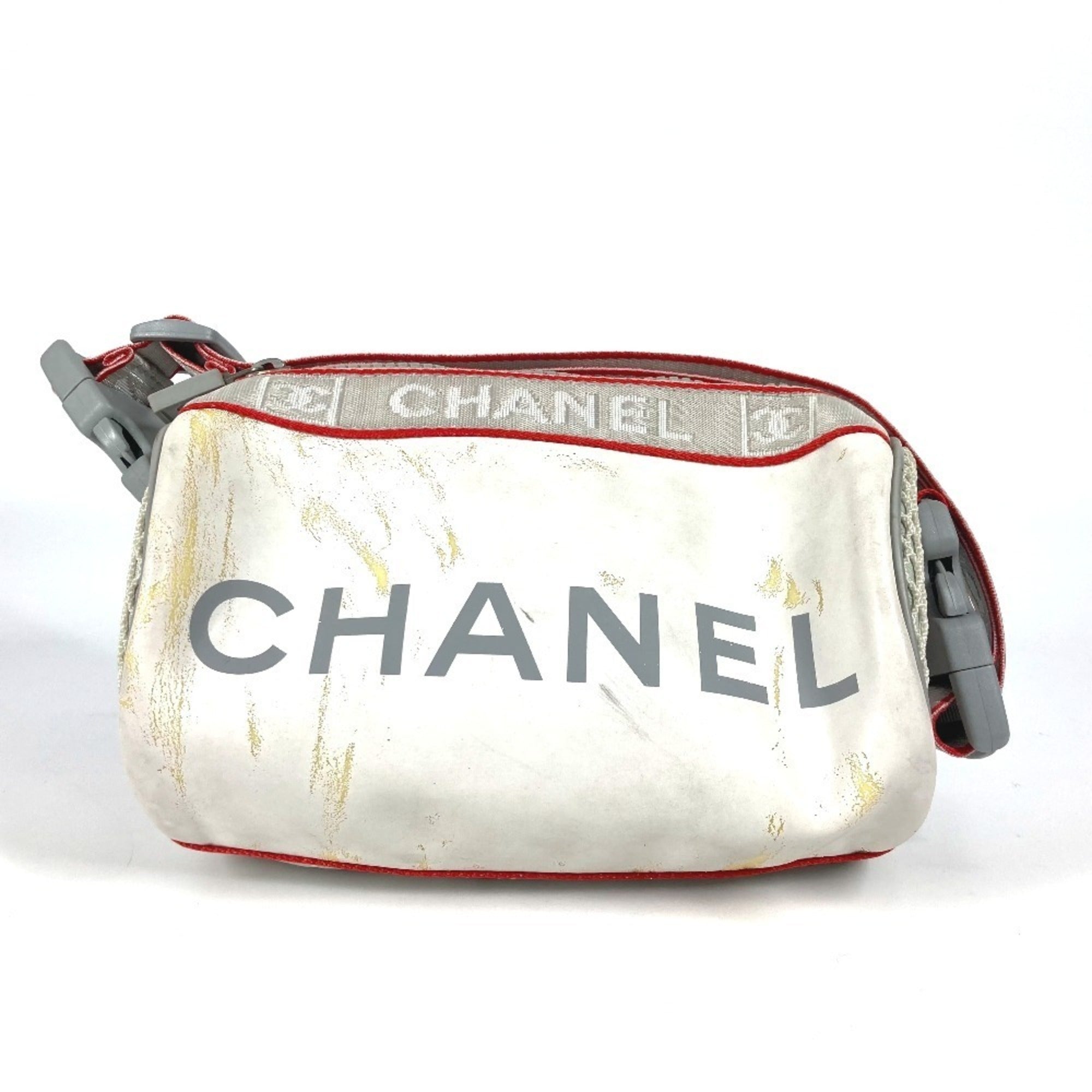Chanel Red Color White Nylon Handbag Pouch Shoulder Bag