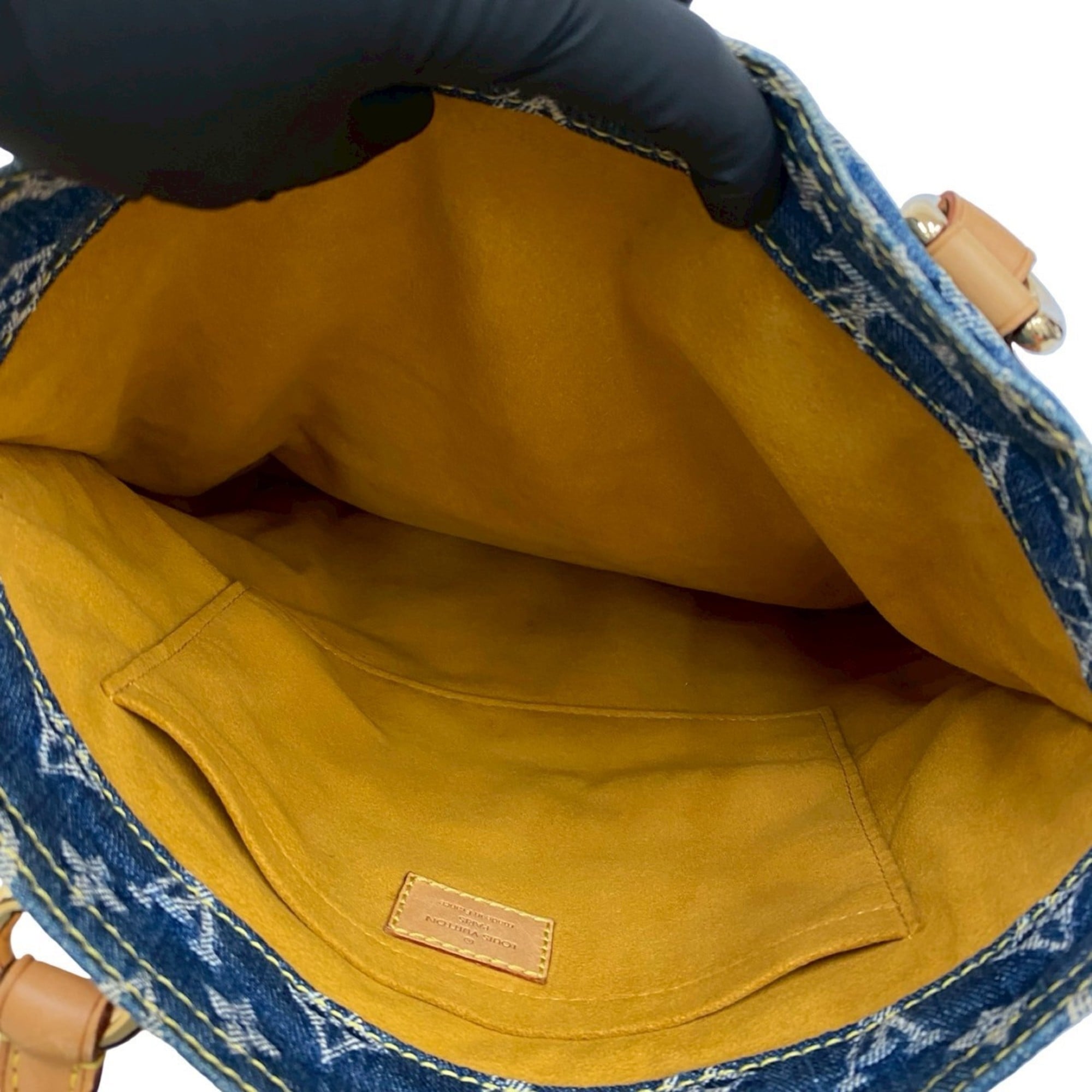 Louis Vuitton Beige Blue Denim Leather Handbag Tote Bag