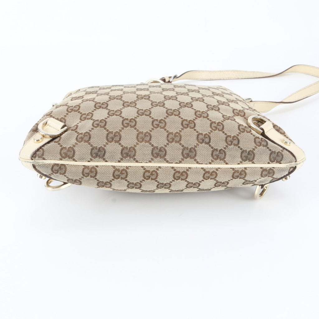 Gucci Beige White Leather Canvas Handbag Shoulder Bag Tote Bag (Pre-Owned)