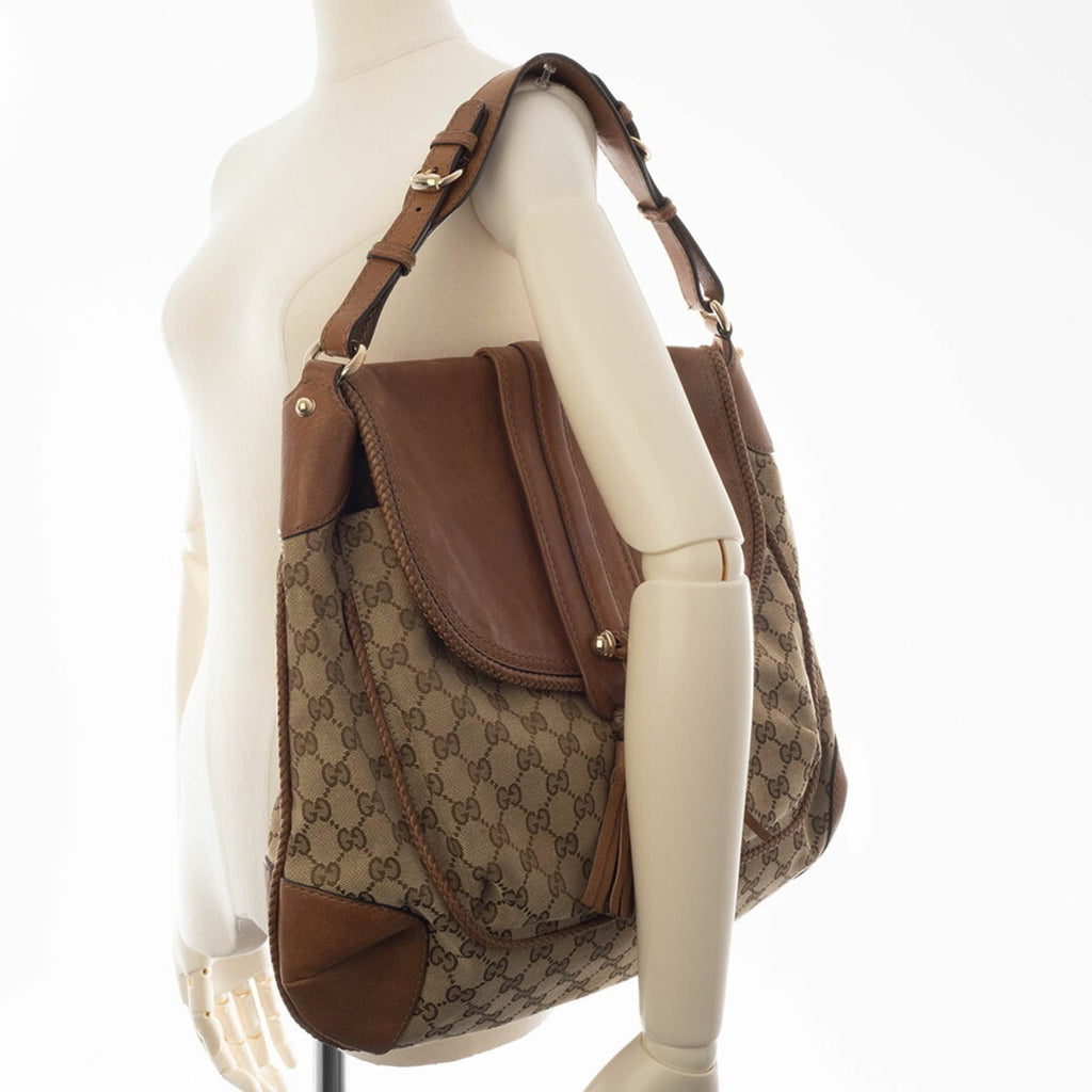Gucci Gg Canvas Beige Brown Gg Canvas Leather Shoulder Bag (Pre-Owned)