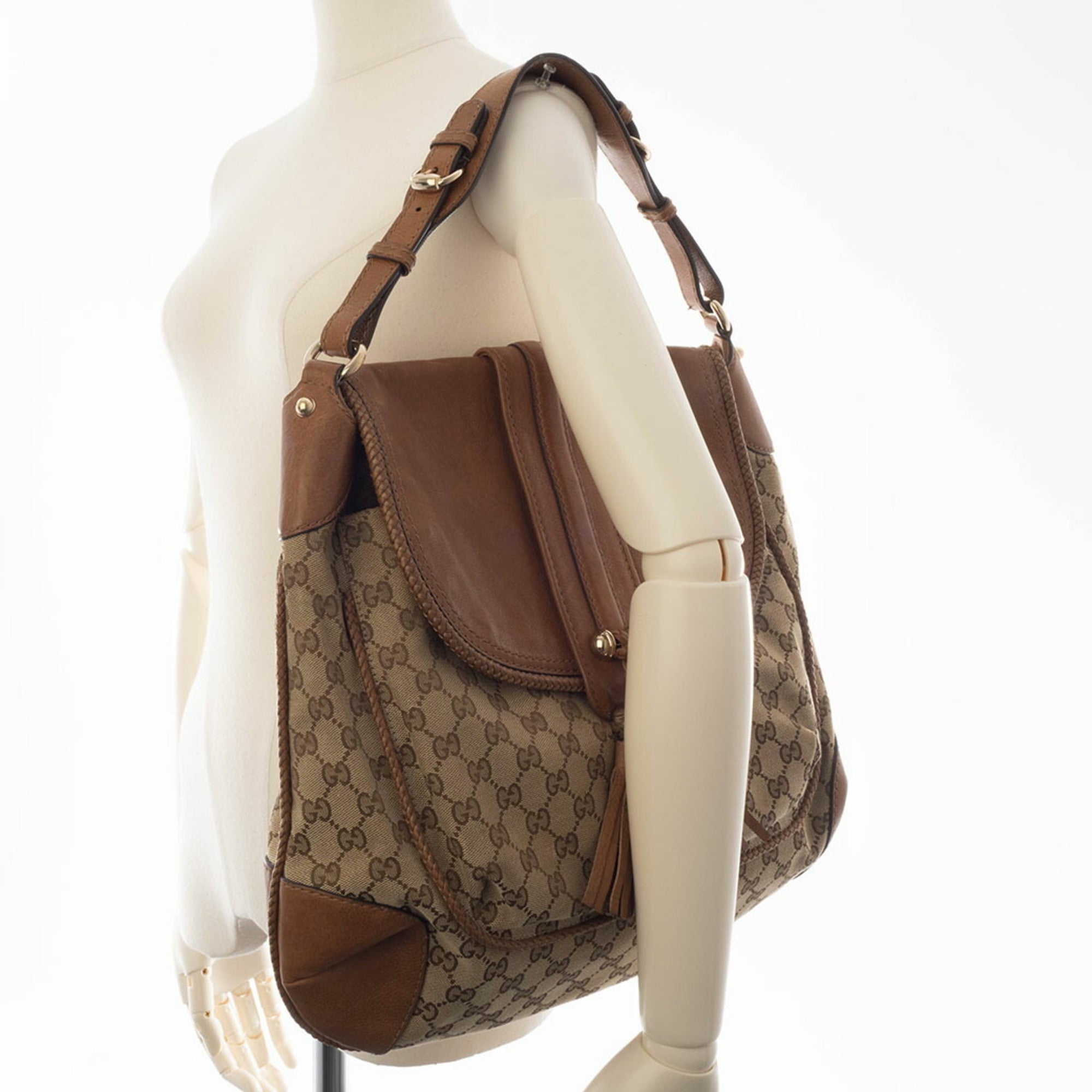 Gucci Gg Canvas Beige Brown Gg Canvas Leather Shoulder Bag (Pre-Owned)