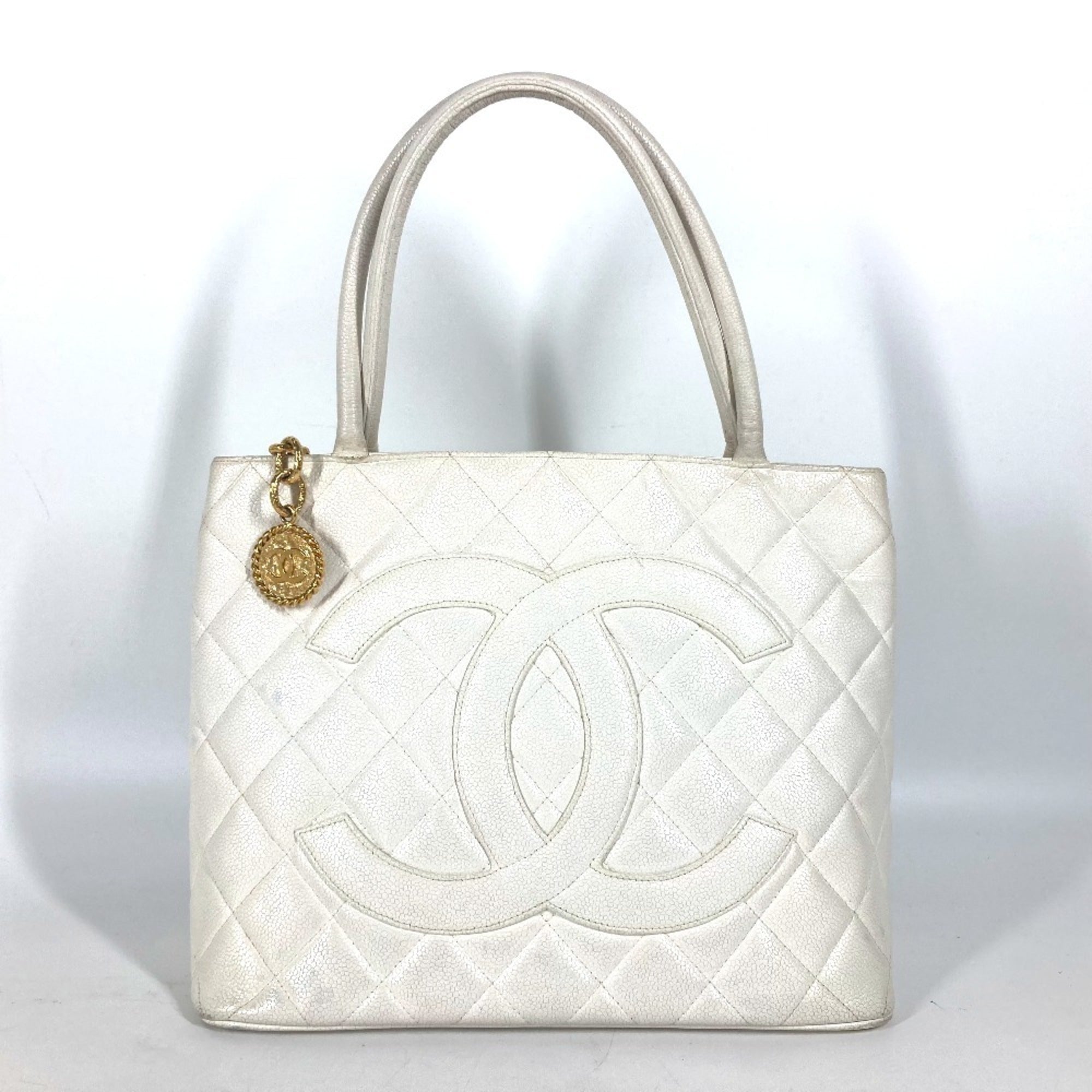 Chanel White Caviar Leather Shoulder Bag Tote Bag
