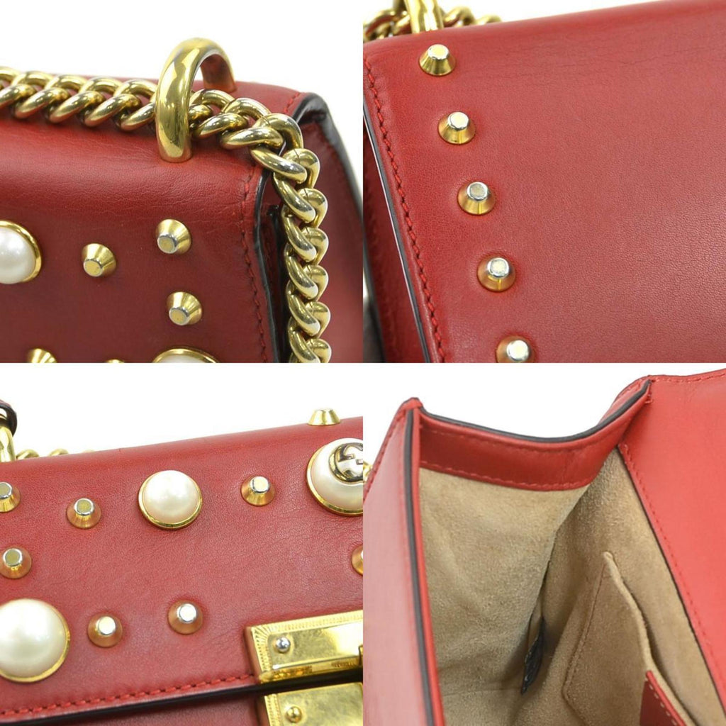 Gucci Red Color Leather Artificial Pearl Metal Shoulder Bag (Pre-Owned)