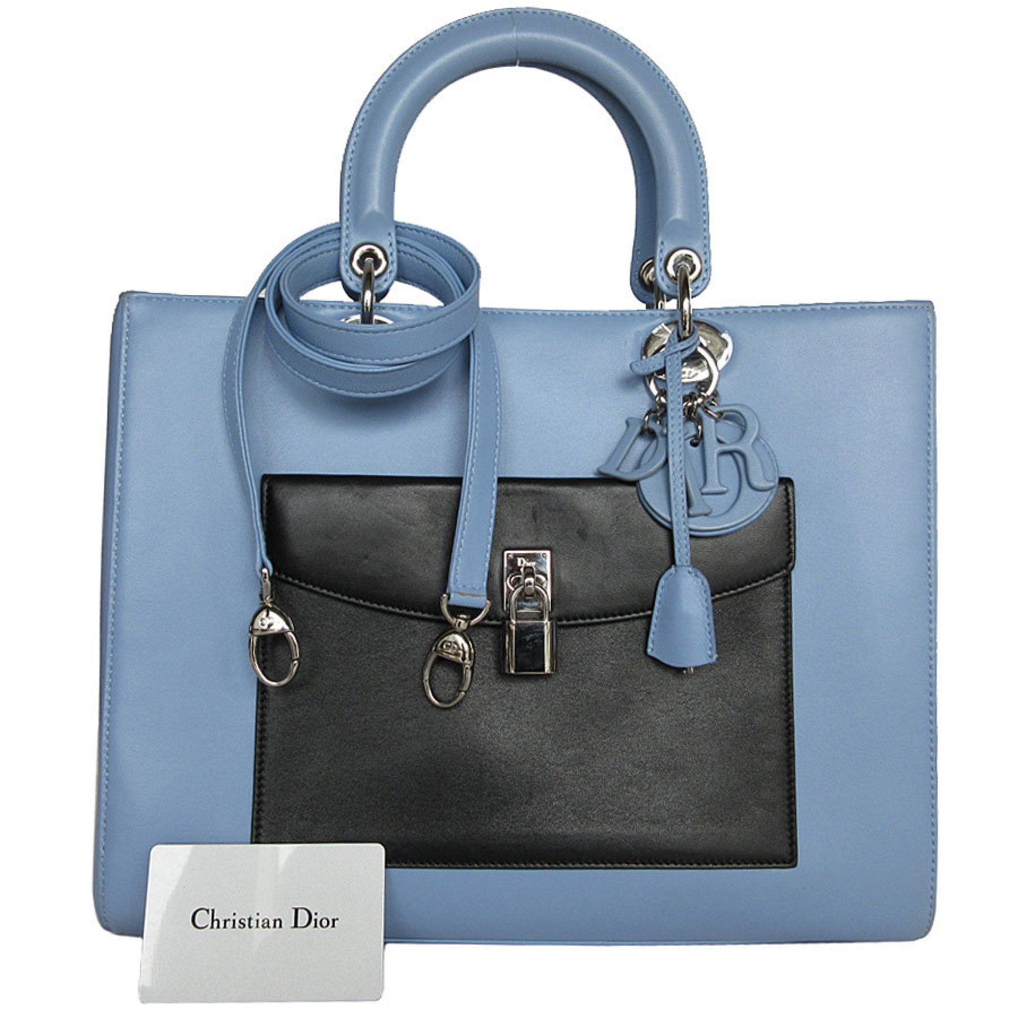 Christian Dior Black Light Blue White Leather Handbag Shoulder Bag (Pre-Owned)