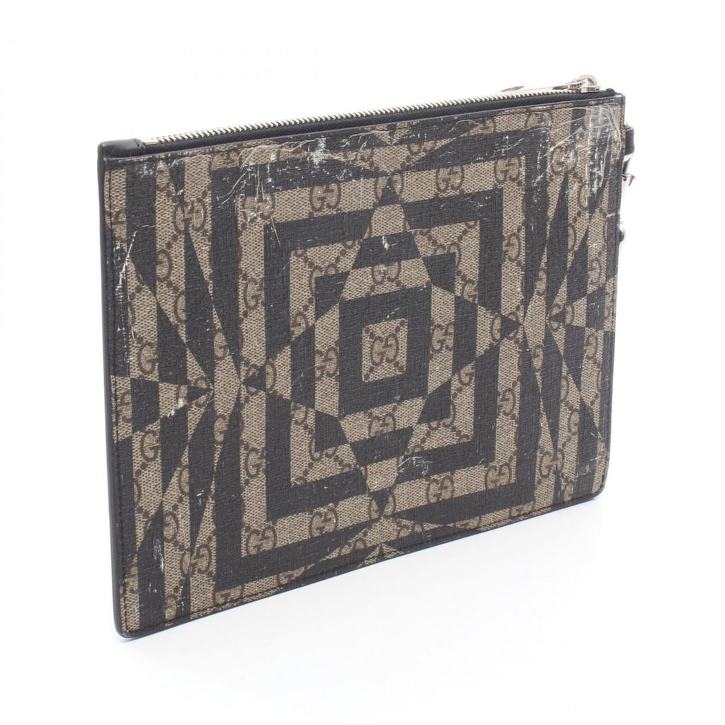 Gucci Beige Black Brown Coated Canvas Leather Clutch Bag Handbag (Pre-Owned)