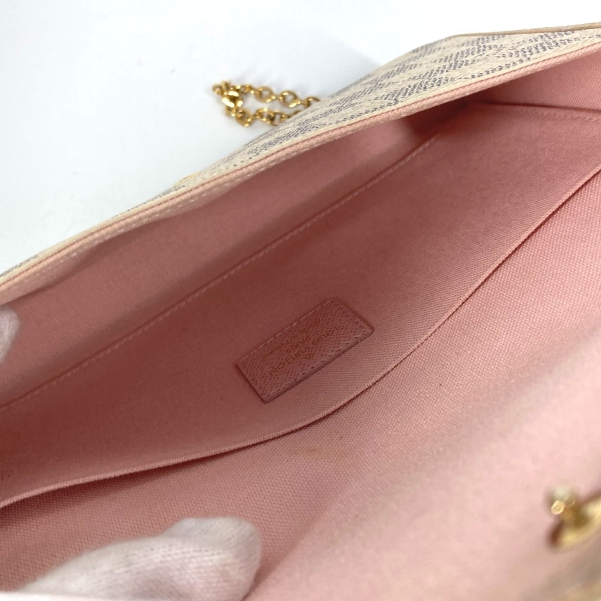 Louis Vuitton Pink Rose Ballerine White Damier Azur Chain/Shoulder Wallet