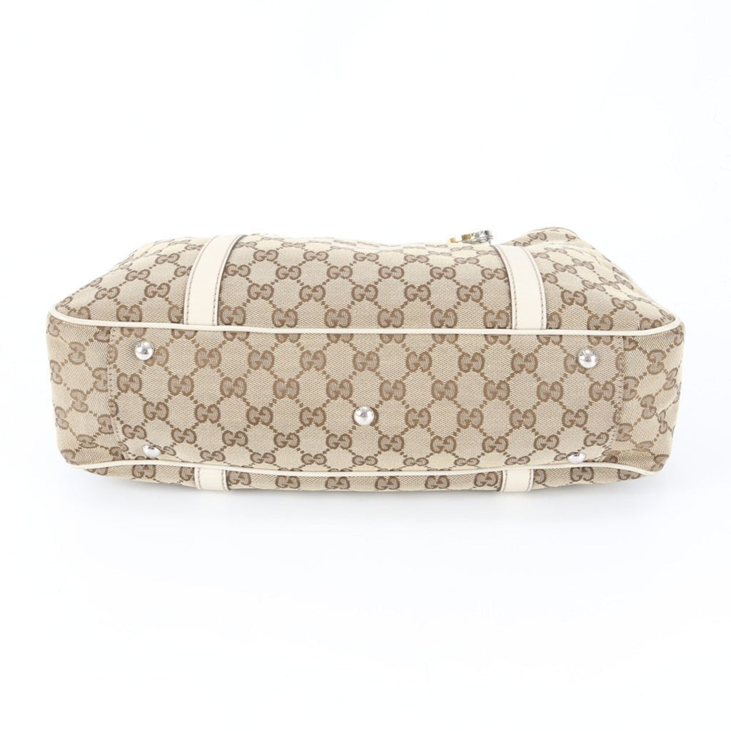 Gucci Beige White Leather Canvas Handbag Shoulder Bag Tote Bag (Pre-Owned)