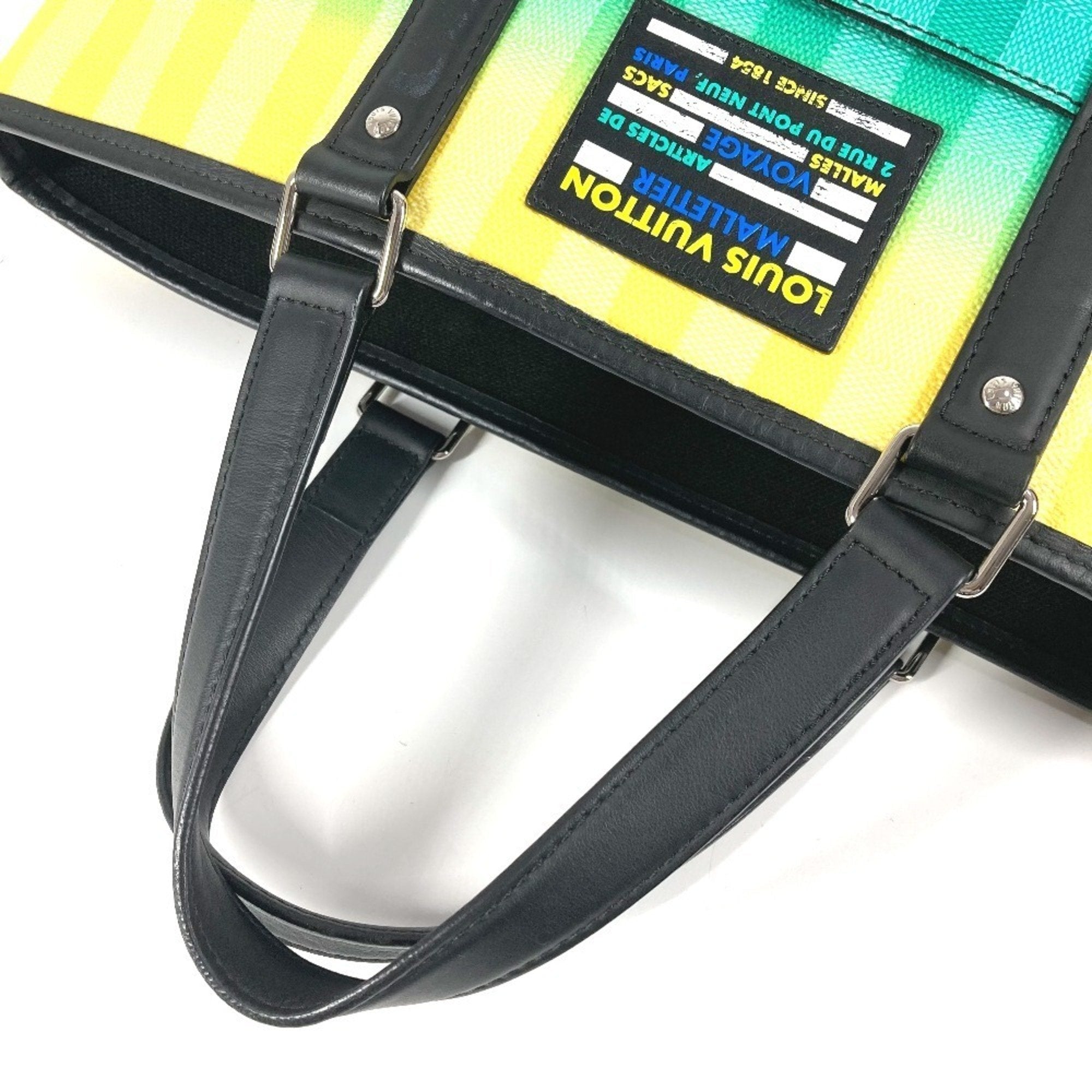 Louis Vuitton Black Green Yellow Leather Canvas Handbag Shoulder Bag Tote Bag
