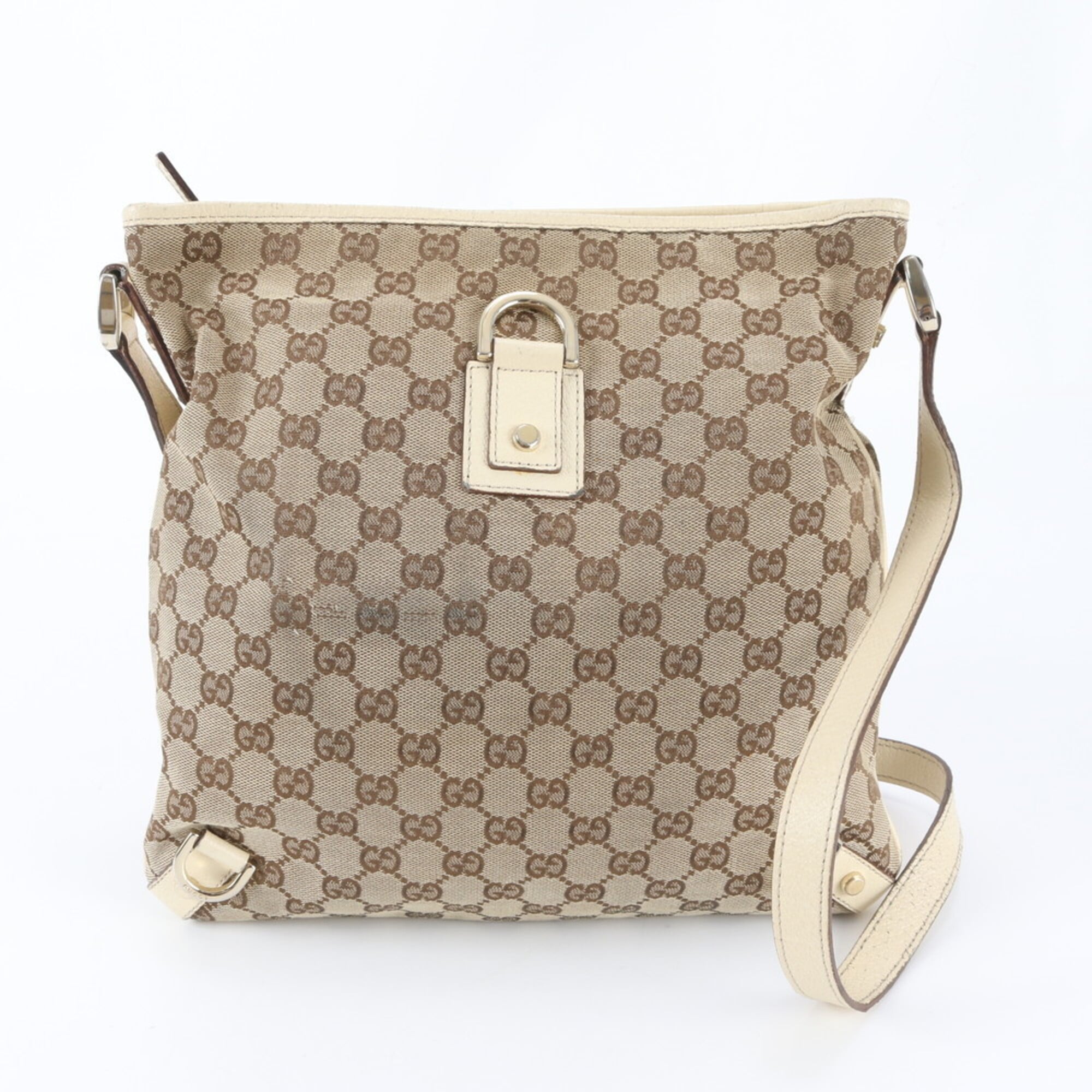 Gucci Beige White Leather Canvas Handbag Shoulder Bag Tote Bag (Pre-Owned)