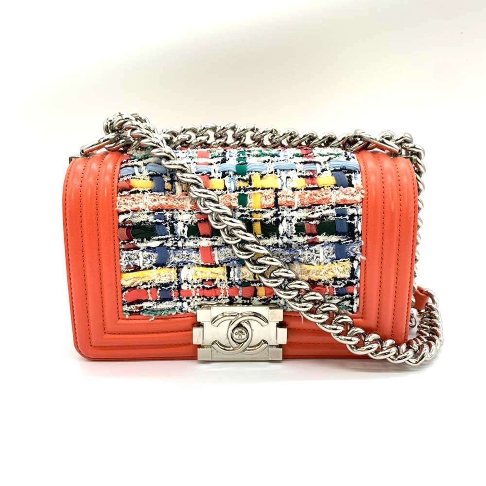 Chanel Boy Chanel Coral Orange Multi-Color Tweed Leather Shoulder Bag