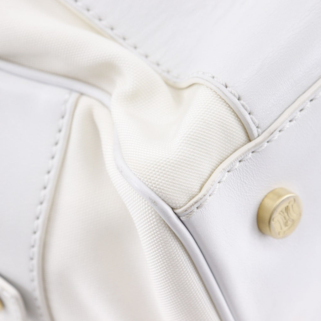 Celine White Nylon Canvas Leather Boston Bag Handbag