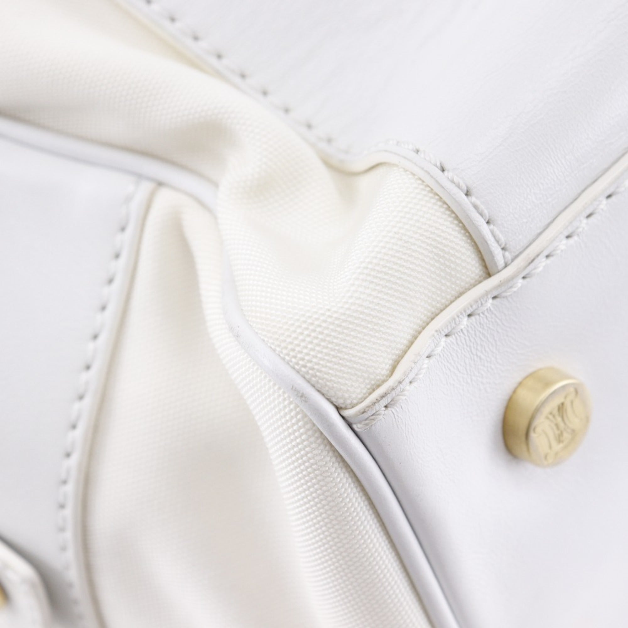 Celine White Nylon Canvas Leather Boston Bag Handbag