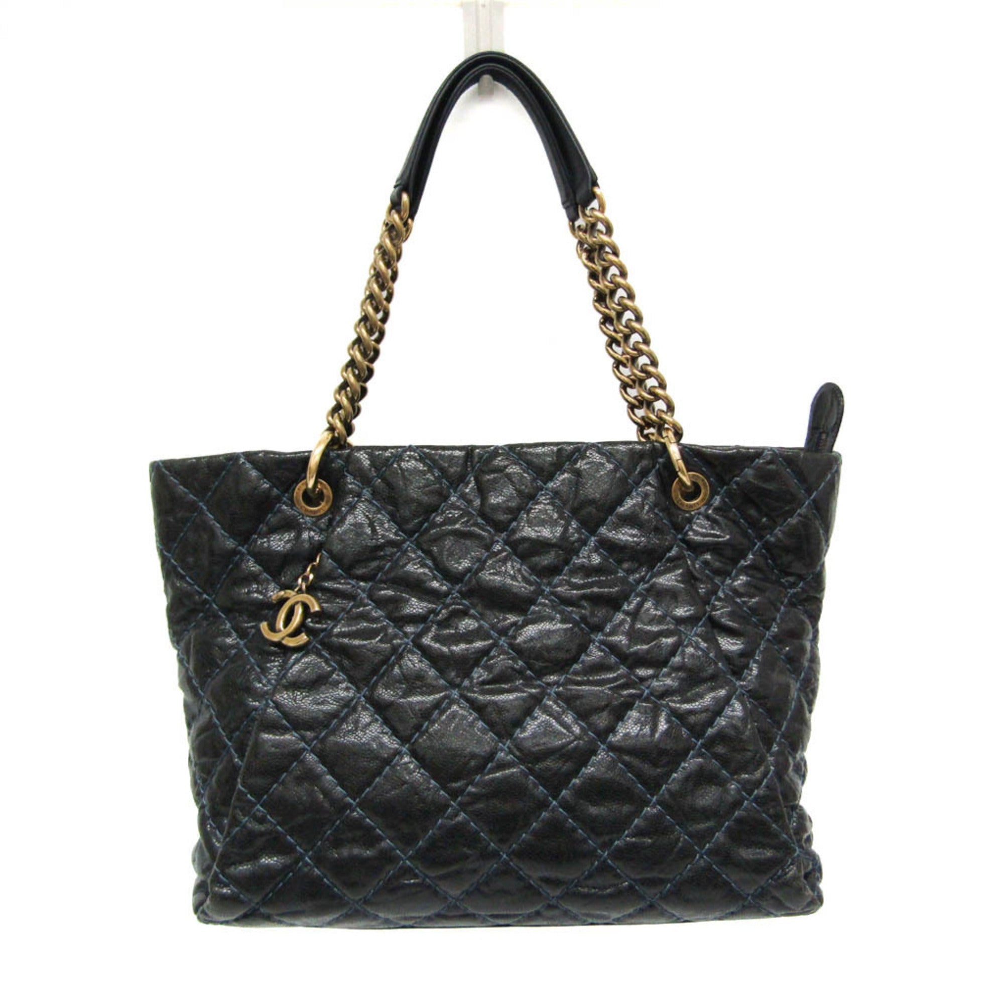 Chanel Matelasse Black Navy Grained Calfskin Tote Bag