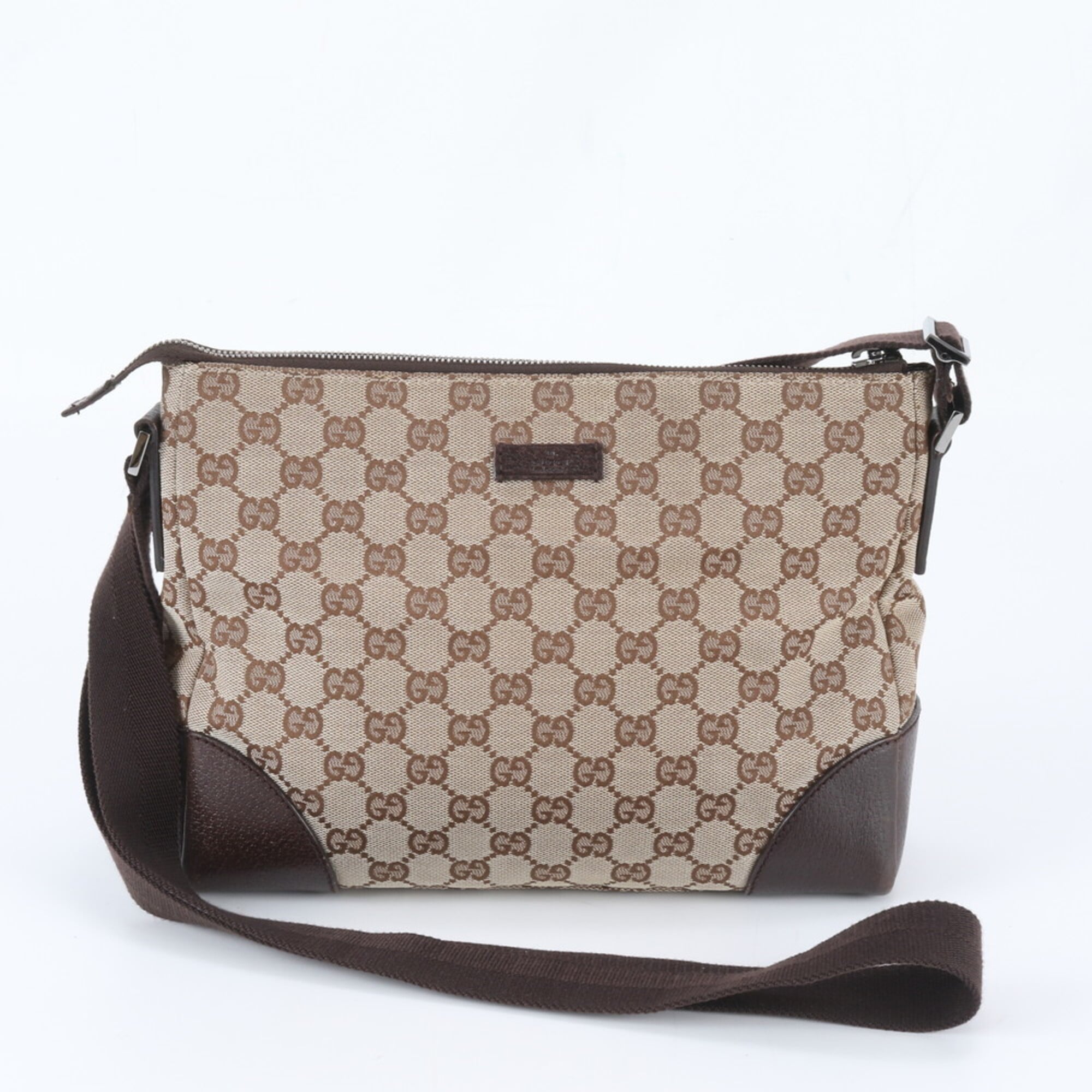 Gucci Beige Brown Leather Canvas Messenger Bag Shoulder Bag (Pre-Owned)
