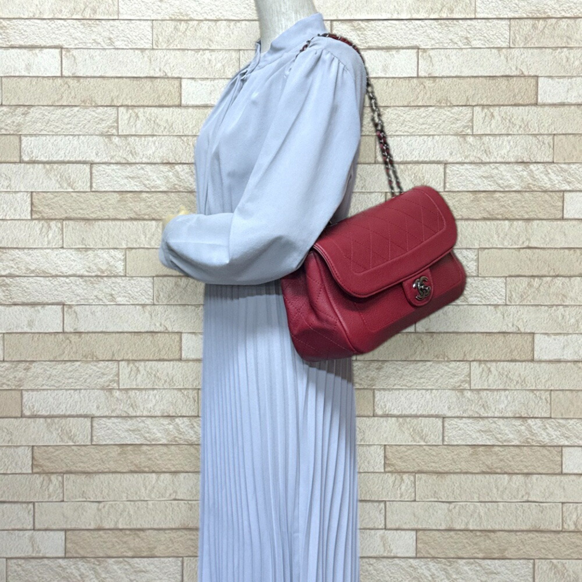 Chanel Matelasse Red Color Leather Shoulder Bag
